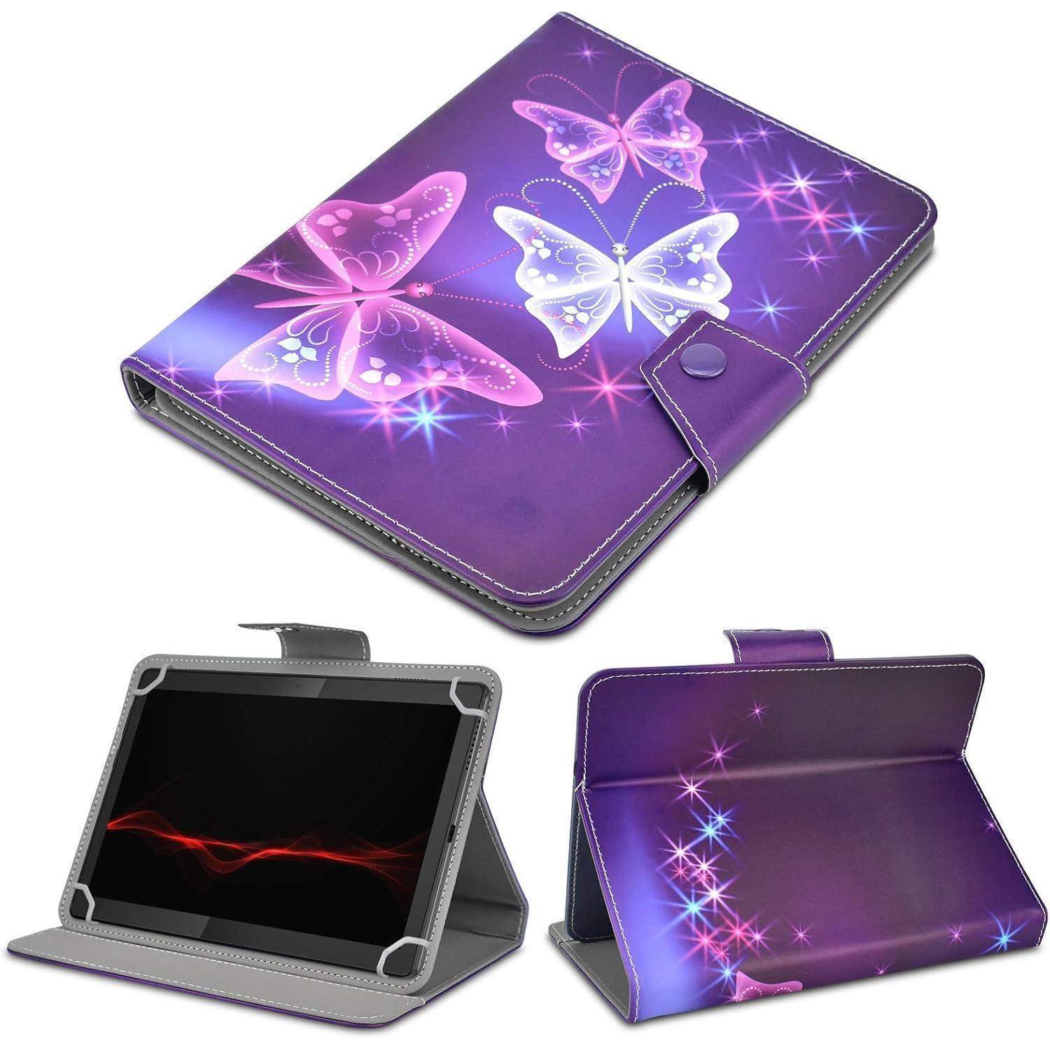 Violettes Schmetterlings-Tablet-Folio-Etui, geschlossen und offen gezeigt, mit glitzerndem Schmetterlingsdesign und Ständerpositionen zum Ansehen.
