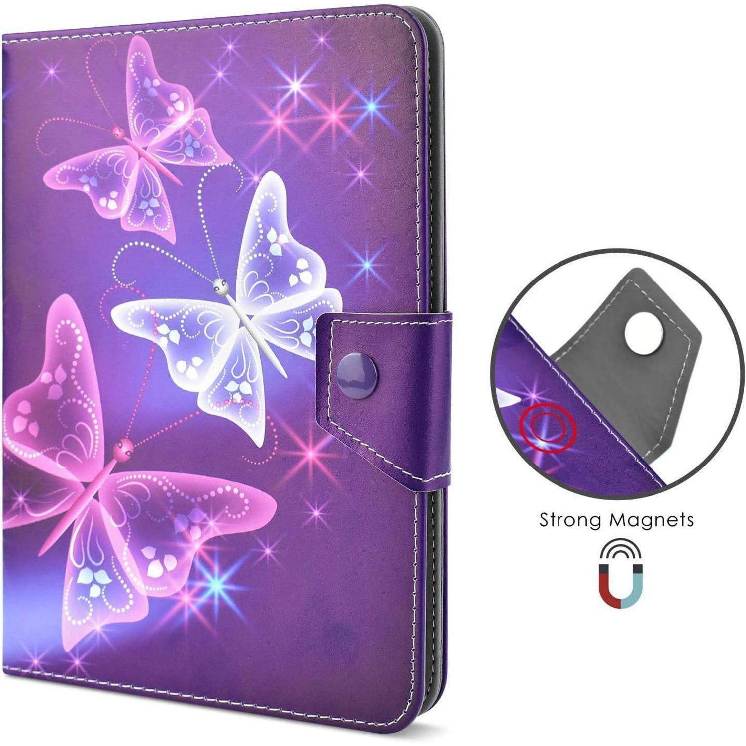 Violettes Tablet-Schutzetui mit Schmetterlingsmuster und magnetischem Verschluss, gezeigt mit einer Detailansicht mit der Beschriftung „Starke Magnete".