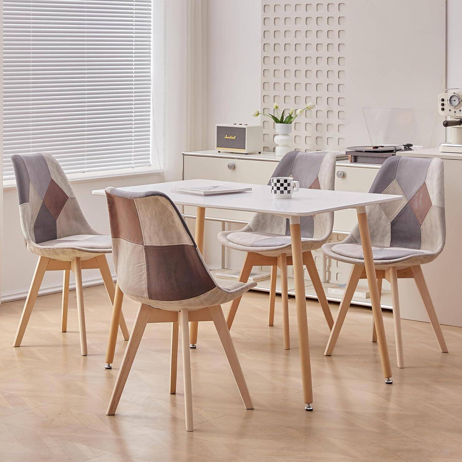 Set aus 4 Esszimmerstühlen aus Patchwork-Stoff mit abnehmbarem Sitzkissen und Massivholzbeinen für Esszimmer, Wohnzimmer, Küche usw. (Patchwork Hel