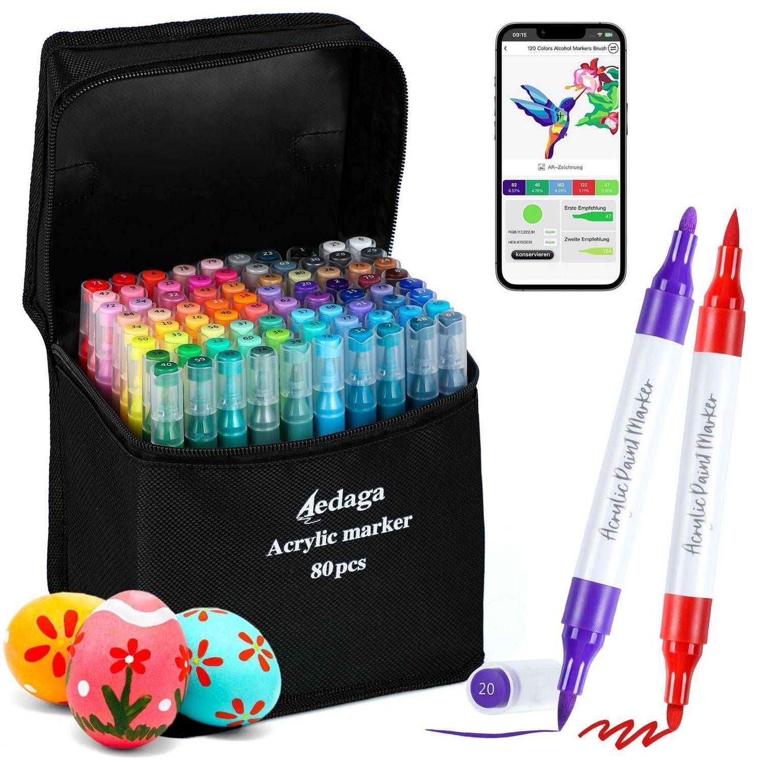 ‌AEDAGA‌ 80 Farben Nummerierte Acrylstifte Set mit App Acrylic Marker | Doppelspitze | Vielseitig einsetzbar | Wasserfest | Starke Deckkraft | Acr