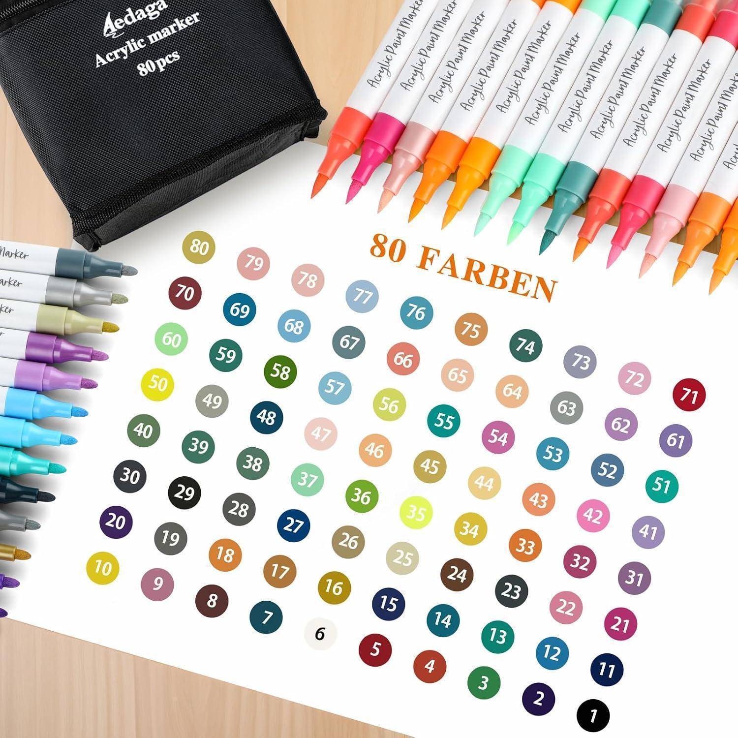 ‌AEDAGA‌ 80 Farben Nummerierte Acrylstifte Set mit App Acrylic Marker | Doppelspitze | Vielseitig einsetzbar | Wasserfest | Starke Deckkraft | Acr
