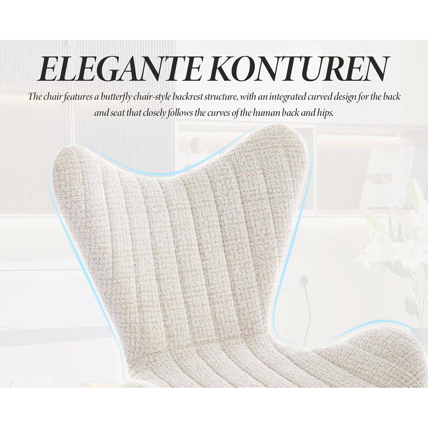 Ein beigefarbener, gepolsterter Stuhl mit schmetterlingsförmiger, geschwungener Rückenlehne wird hervorgehoben, mit Text, der seine eleganten Konturen und ergonomische Form unterstreicht.