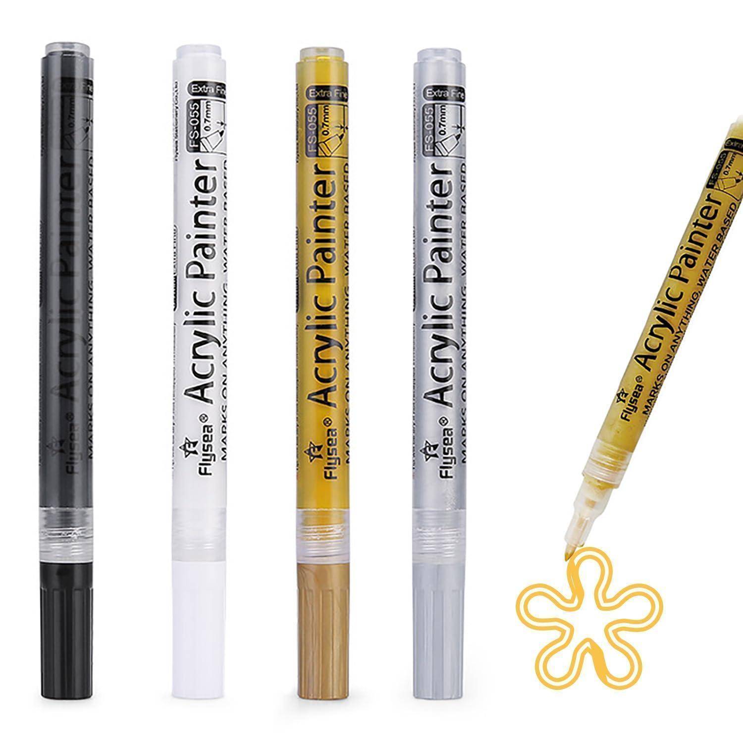 4 Stück Schwarz Weiß Gold Silber Acrylstifte, 0,7 mm Permanent Acrylfarben Marker, Wasserfest Lackstift, für Glas, Keramik, Steinmalerei, Kunsthand
