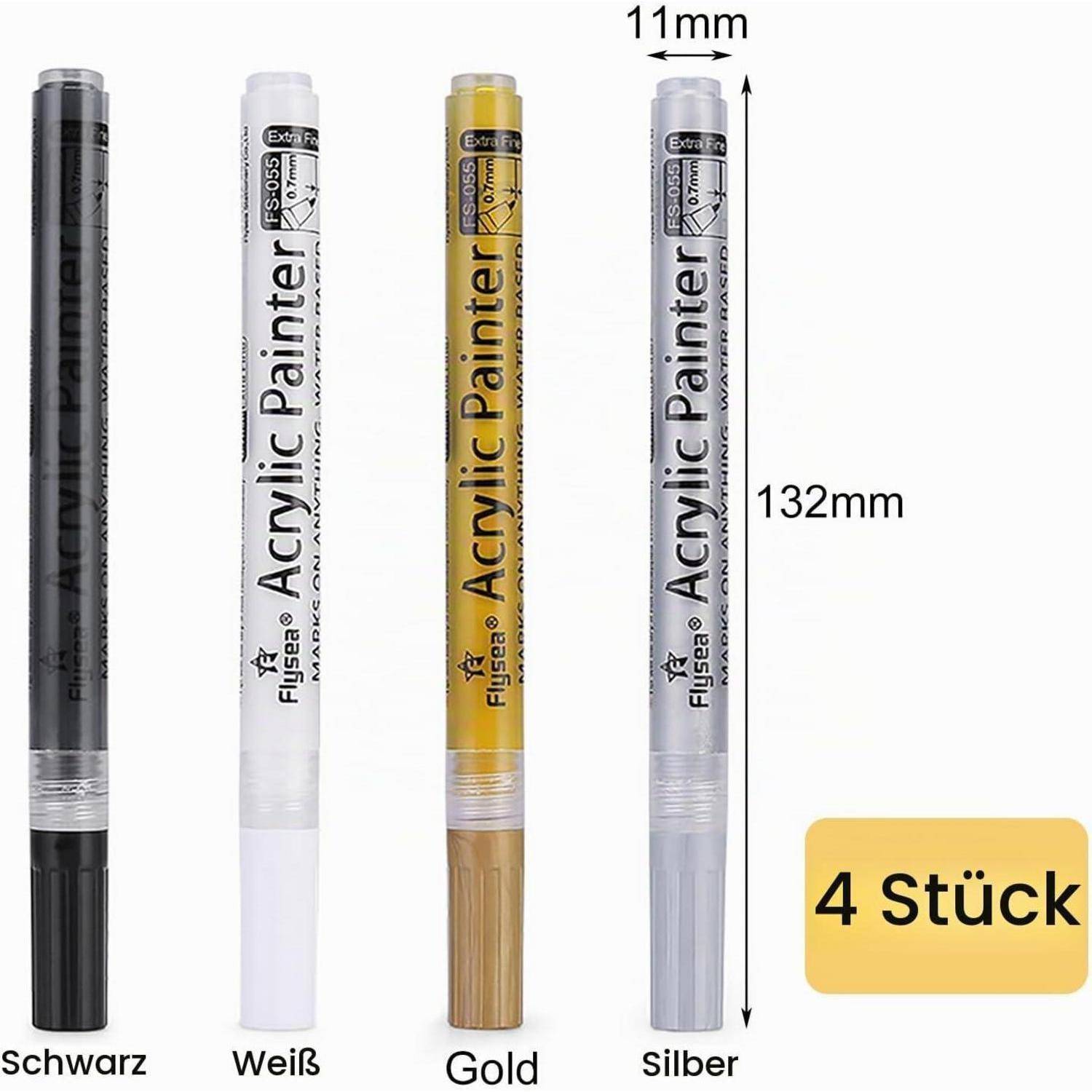 4 Stück Schwarz Weiß Gold Silber Acrylstifte, 0,7 mm Permanent Acrylfarben Marker, Wasserfest Lackstift, für Glas, Keramik, Steinmalerei, Kunsthand