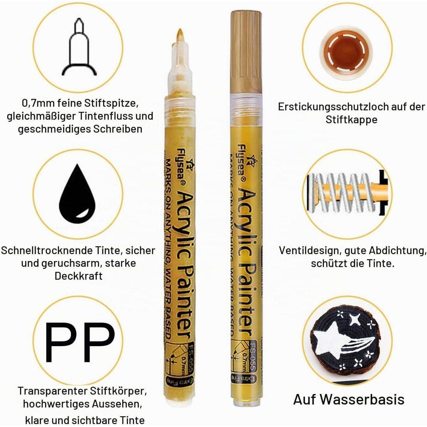 4 Stück Schwarz Weiß Gold Silber Acrylstifte, 0,7 mm Permanent Acrylfarben Marker, Wasserfest Lackstift, für Glas, Keramik, Steinmalerei, Kunsthand