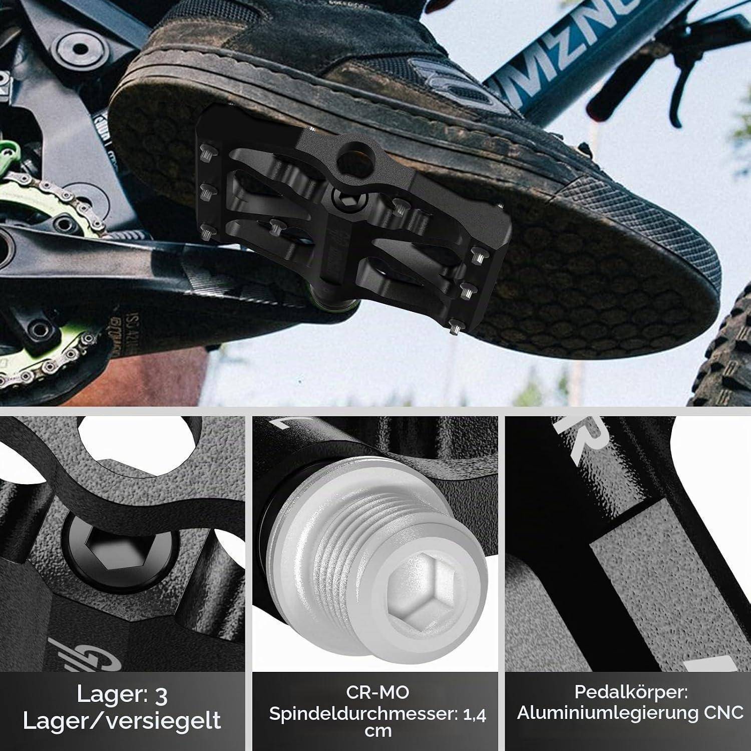 Nahaufnahme eines Mountainbike-Pedals und Schuhs mit drei Detailbereichen, die versiegelte Lager, eine 14-mm-Cr-Mo-Achse und einen CNC-bearbeiteten Aluminiumpedalkörper hervorheben.