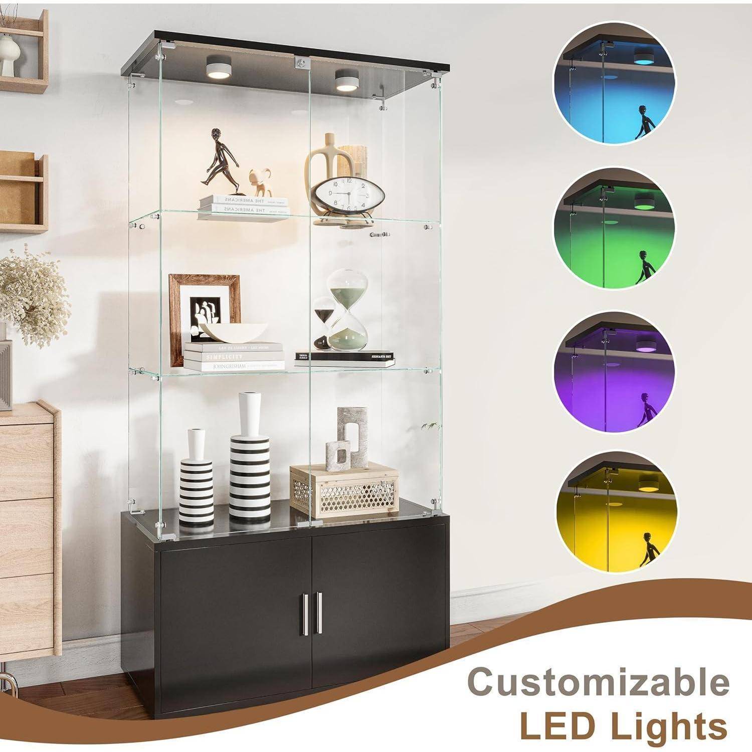 Glasvitrine Standvitrine mit LED-Beleuchtung, 3 Lagen & abschließbaren Türen, Vitrinenschrank aus Holz & Glas für Sammlervitrine, Wein, Wohnzimmer