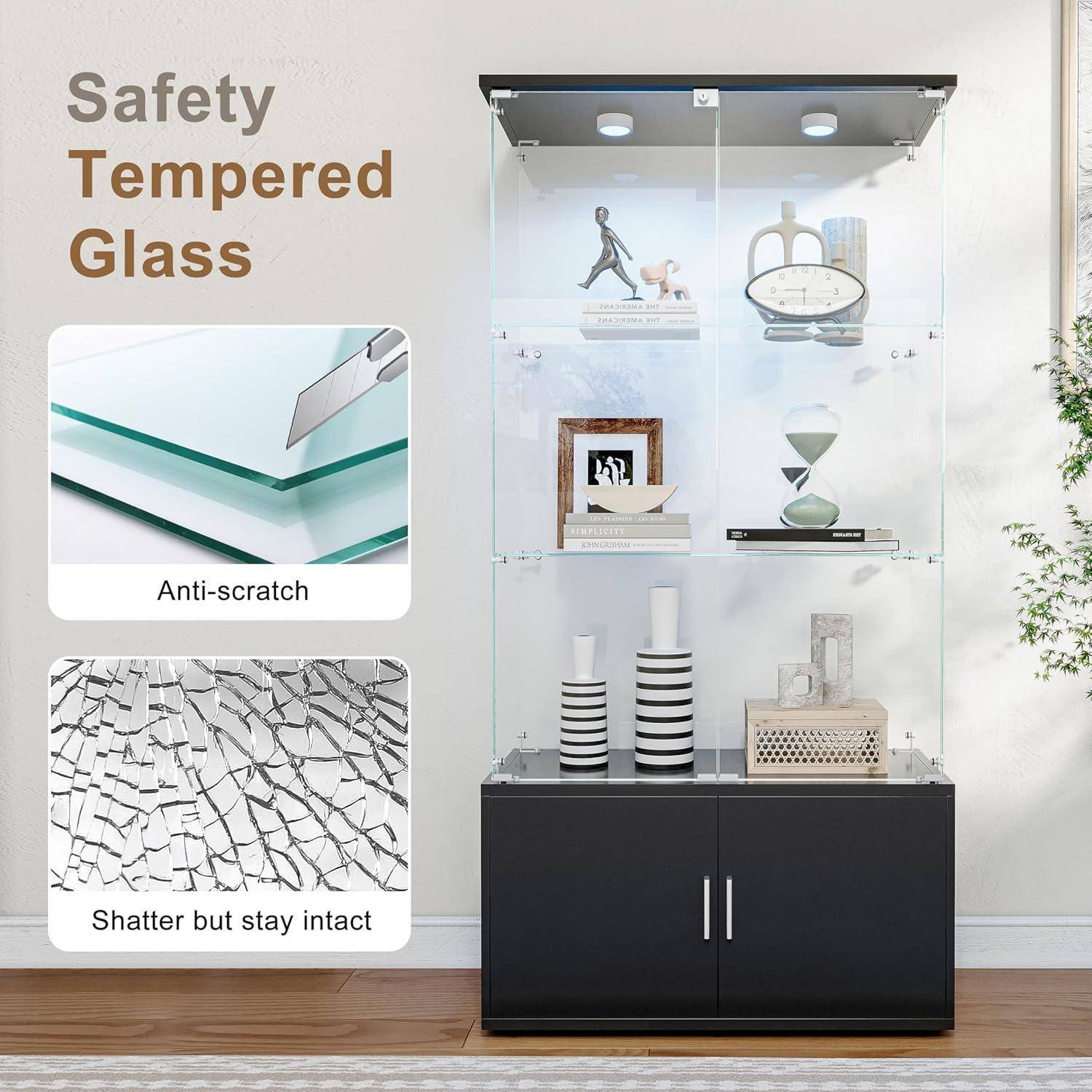 Glasvitrine Standvitrine mit LED-Beleuchtung, 3 Lagen & abschließbaren Türen, Vitrinenschrank aus Holz & Glas für Sammlervitrine, Wein, Wohnzimmer