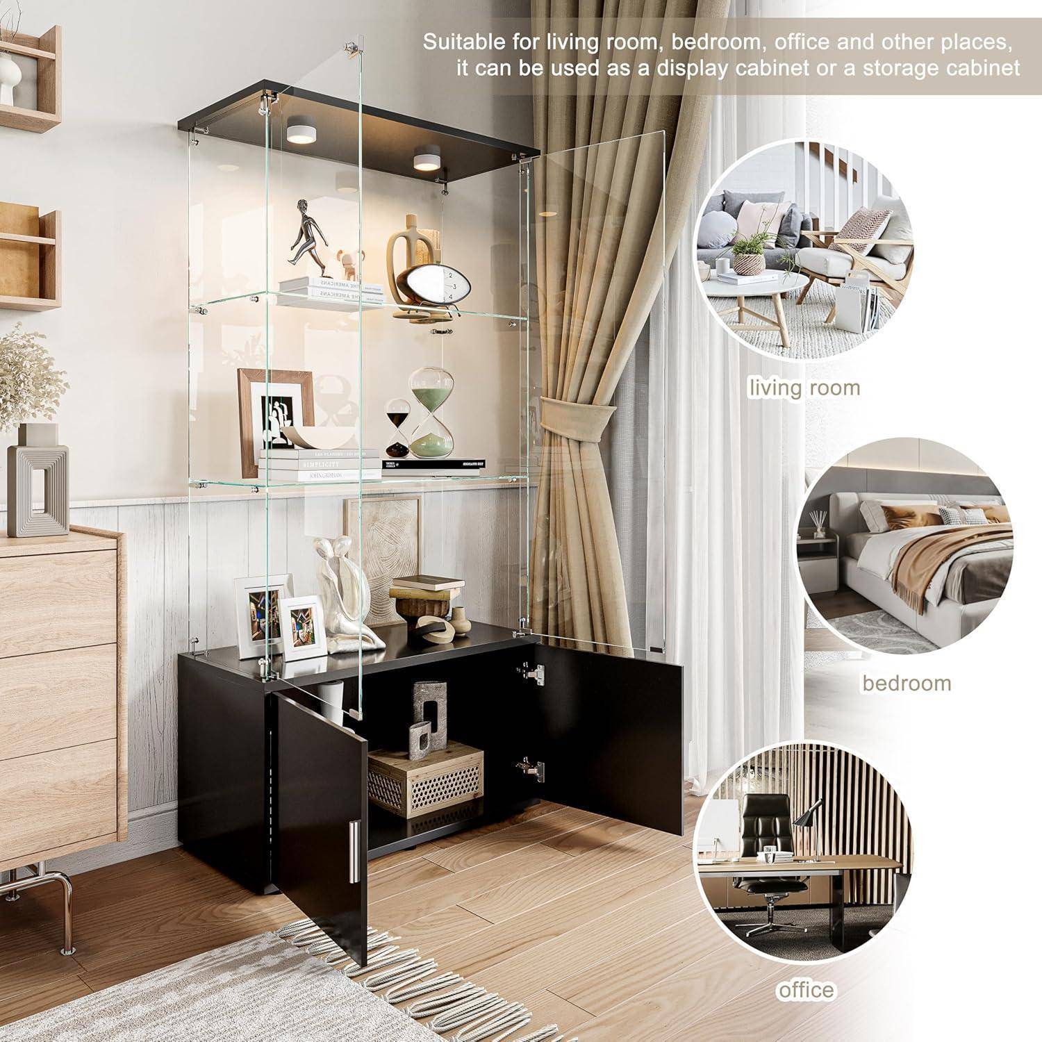 Glasvitrine Standvitrine mit LED-Beleuchtung, 3 Lagen & abschließbaren Türen, Vitrinenschrank aus Holz & Glas für Sammlervitrine, Wein, Wohnzimmer
