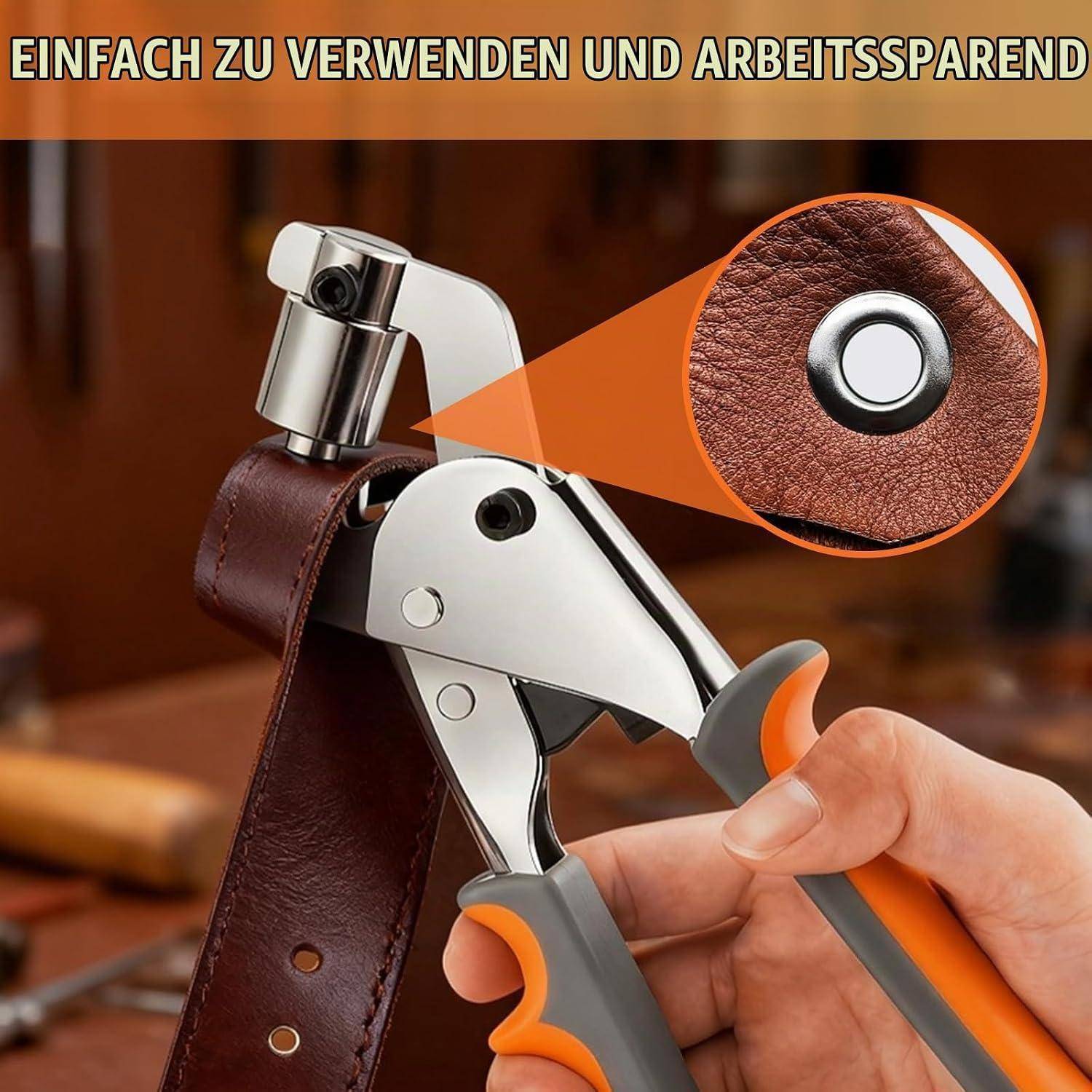 Handwerkzeug stanzt ein Loch und montiert einen Metalldruckknopf auf braunem Leder; die Vergrößerung zeigt die fertige Druckknopfdetail.
