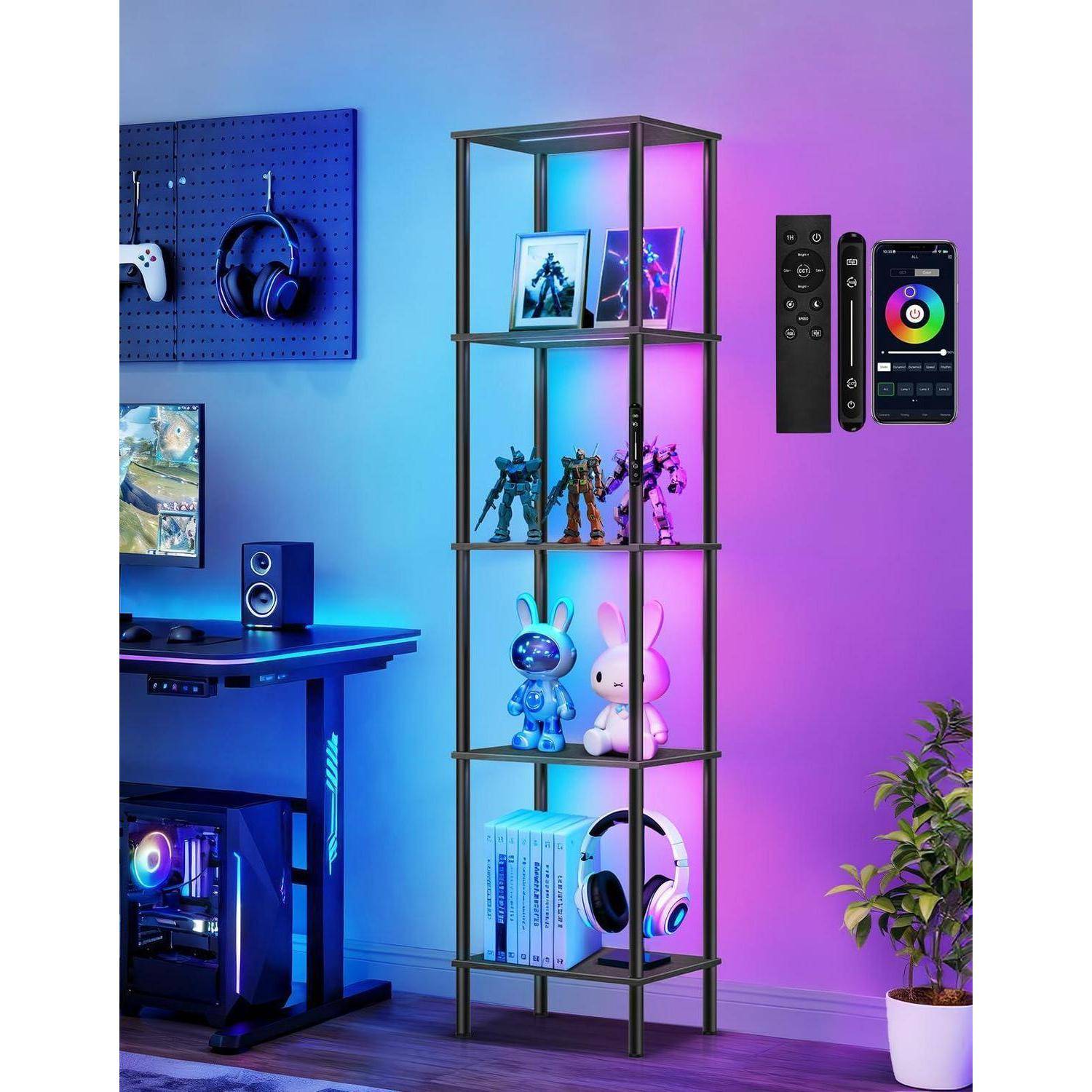 RGB Stehlampe mit Regal, Dimmbar, Touch & APP & Fernbedienung, Musik-Sync, 16 Mio. Farben, Einstellbare Beleuchtung, Bücherregal mit Licht für Wohnz