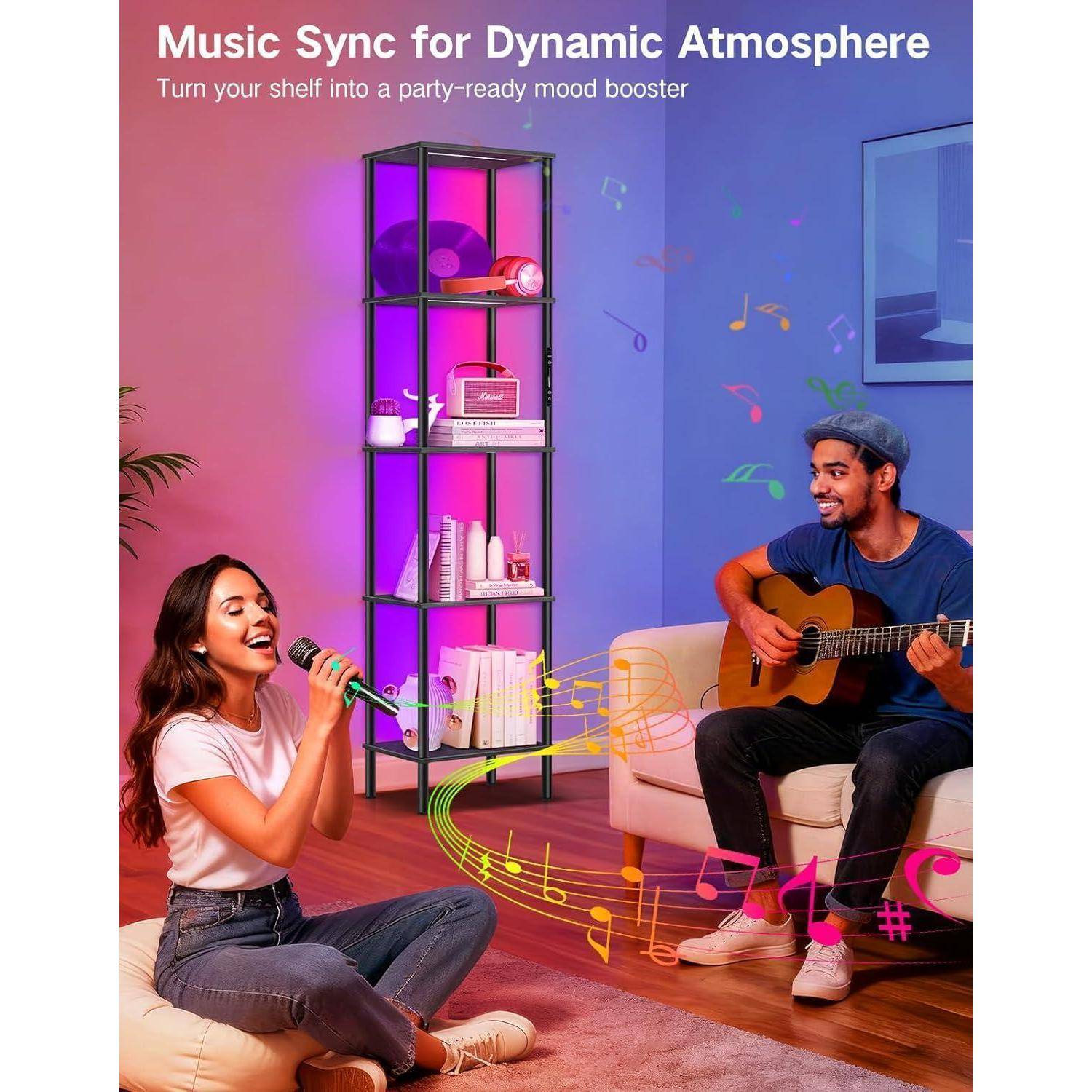 RGB Stehlampe mit Regal, Dimmbar, Touch & APP & Fernbedienung, Musik-Sync, 16 Mio. Farben, Einstellbare Beleuchtung, Bücherregal mit Licht für Wohnz