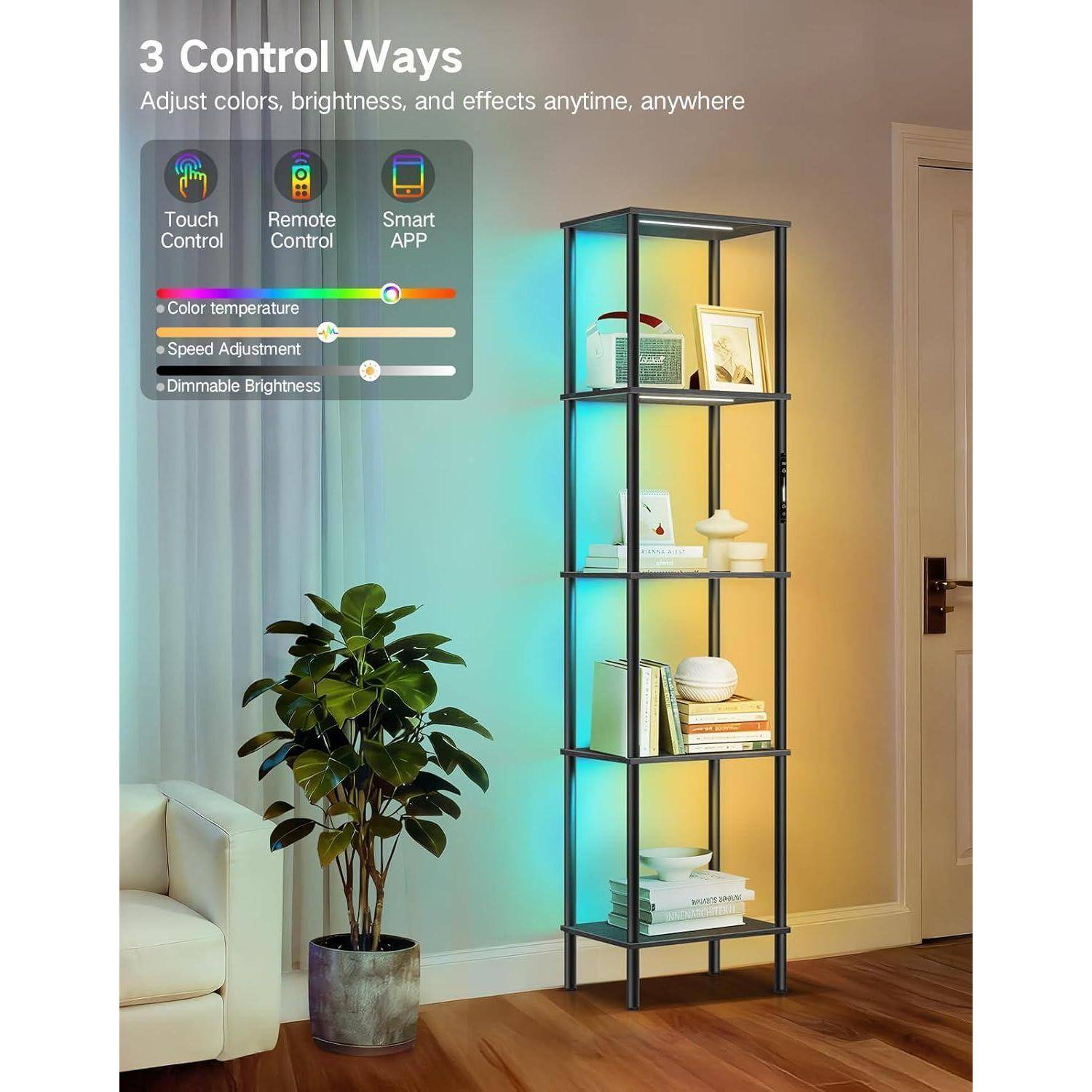 RGB Stehlampe mit Regal, Dimmbar, Touch & APP & Fernbedienung, Musik-Sync, 16 Mio. Farben, Einstellbare Beleuchtung, Bücherregal mit Licht für Wohnz
