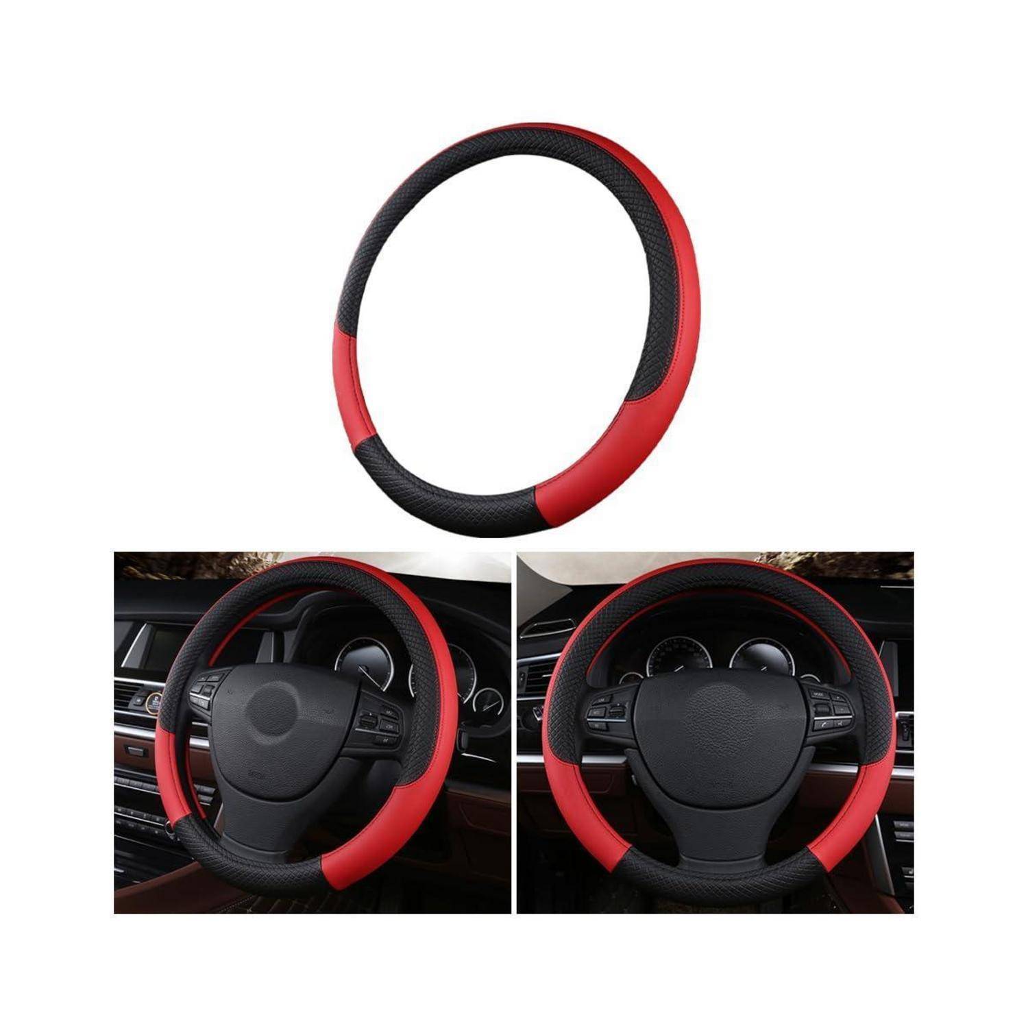 Rotes und schwarzes Lenkradabdeckung, einzeln gezeigt und auf einem Autolenkrad installiert, das sein angepasstes Aussehen und seinen Griffstil hervorhebt.