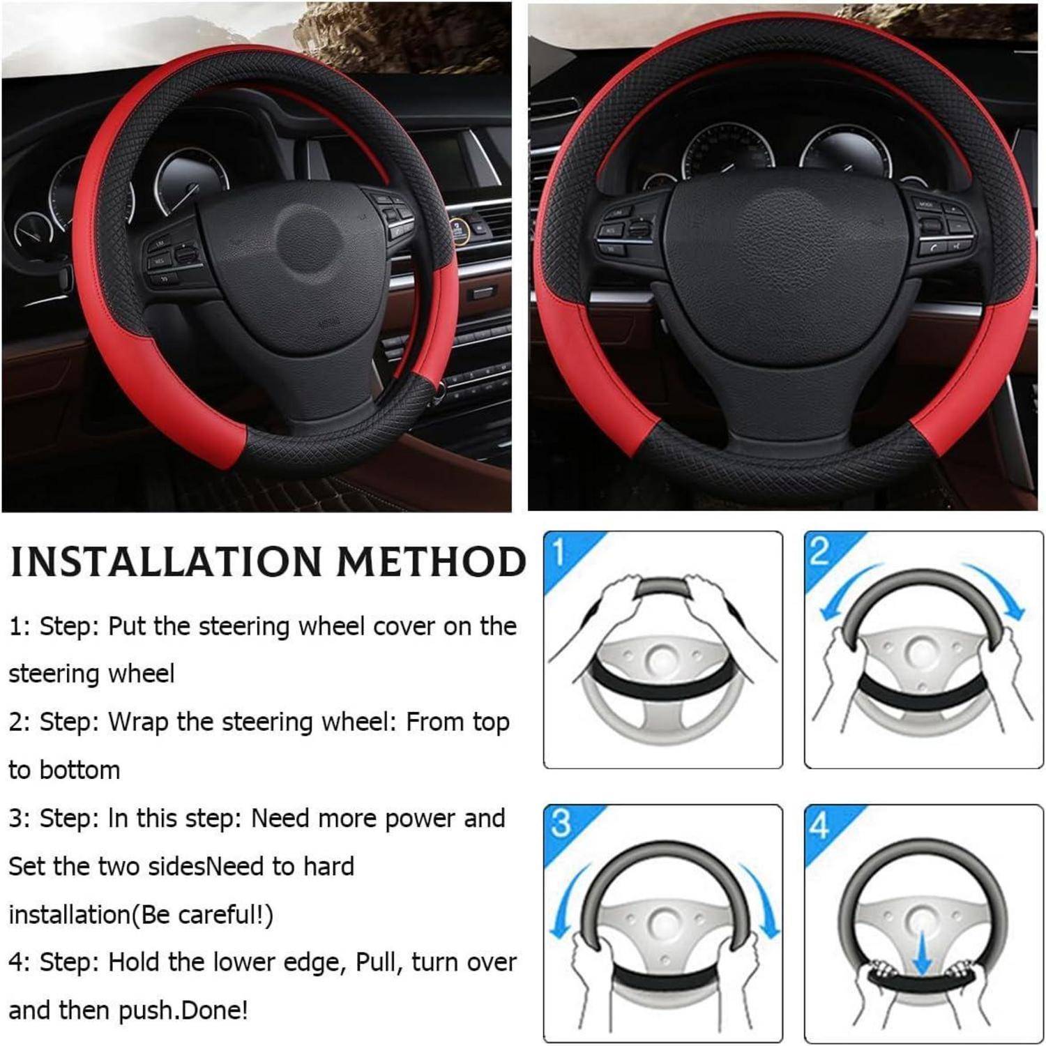 Installationsanleitung mit einer rot-schwarzen Lenkradabdeckung auf einem Autolenkrad, mit vier Schritt-für-Schritt-Diagrammen zum Wickeln und Befestigen.