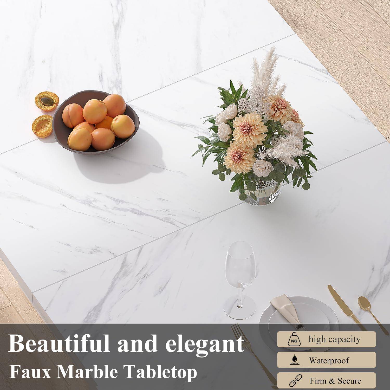 Werbebild einer künstlichen Marmor-Tischplatte mit Blumen, Obstschale, Glas und Besteck, gekennzeichnet mit „Wunderschöne und elegante künstliche Marmor-Tischplatte