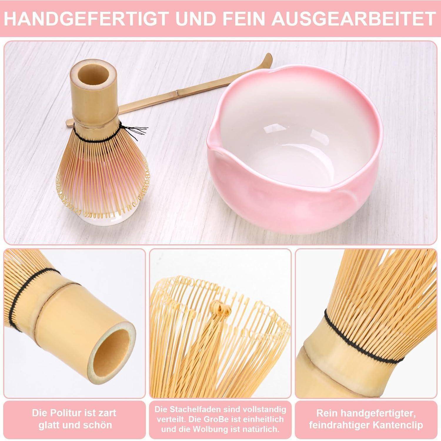 Matcha Set, Matcha-Set Rosa, Blütenblattform Matcha-Schüssel mit Ausgießer, Matcha-Rührer und Ständer, Matcha-Löffel, 4-teiliges Matcha Tee Set