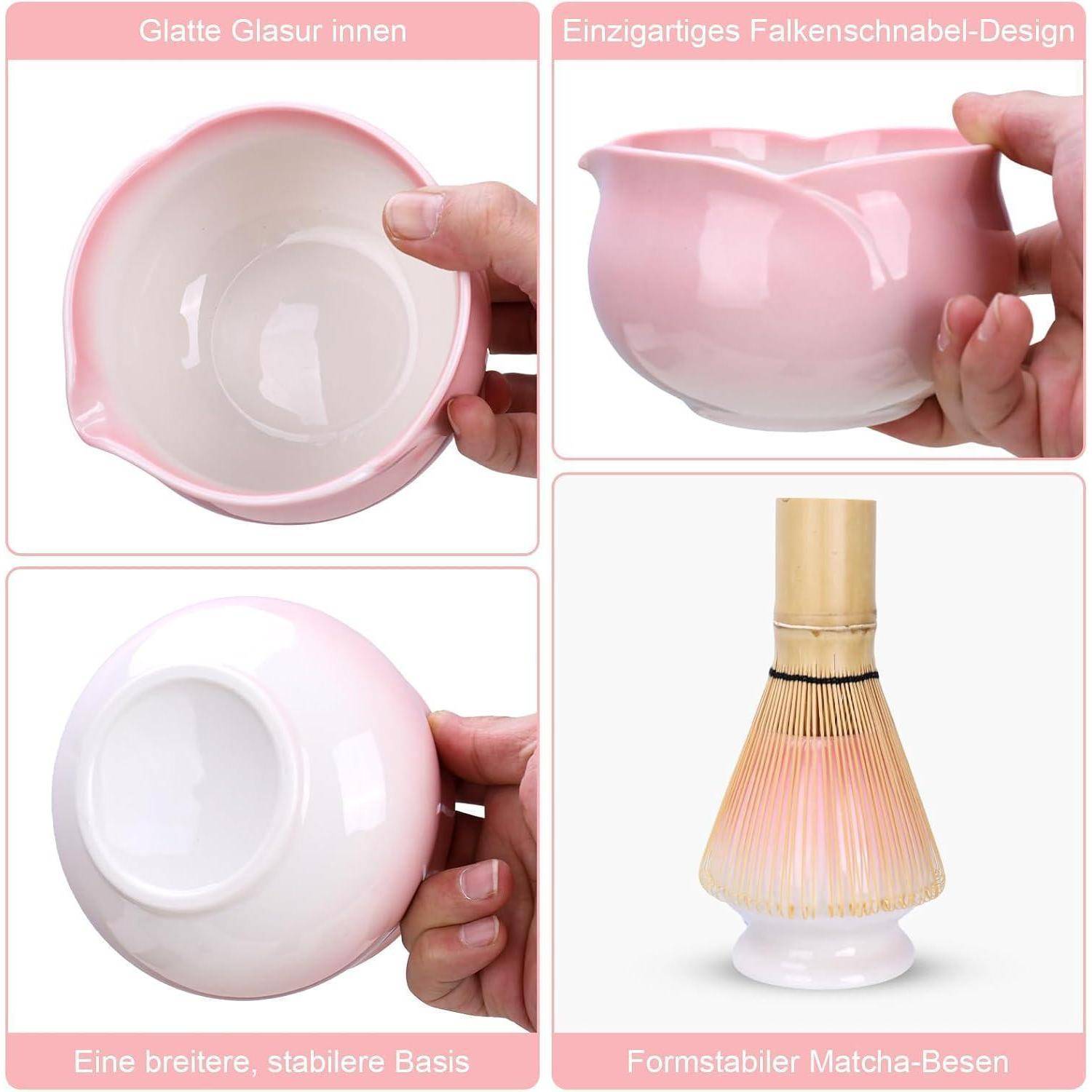 Collage zeigt eine rosa Matcha-Schale aus mehreren Blickwinkeln mit deutschen Beschriftungen, die das glatte glasierte Innere, die Falkenschnabel-Tülle, die breite stabile Basis und die formbeständige Basis zum Aufschlagen hervorheben.