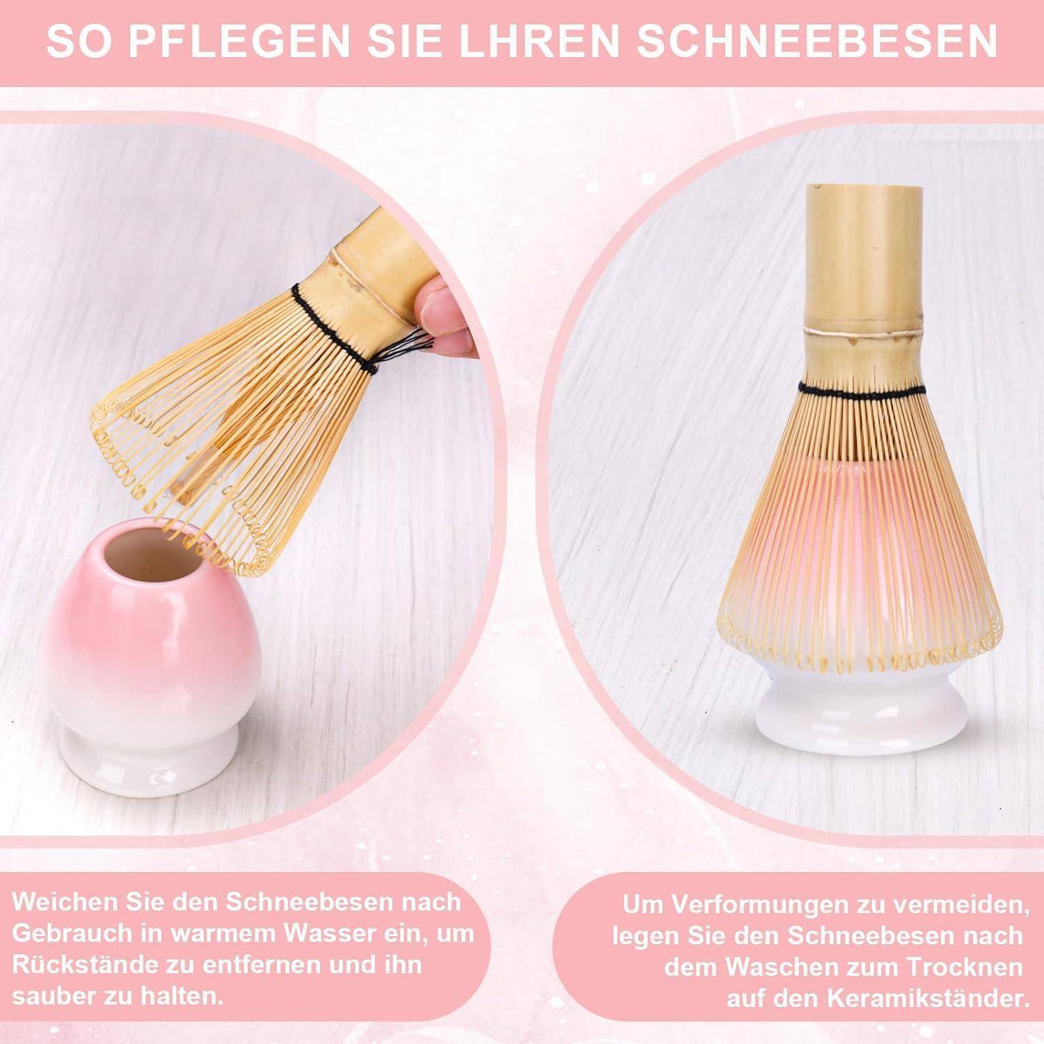 Matcha Set, Matcha-Set Rosa, Blütenblattform Matcha-Schüssel mit Ausgießer, Matcha-Rührer und Ständer, Matcha-Löffel, 4-teiliges Matcha Tee Set