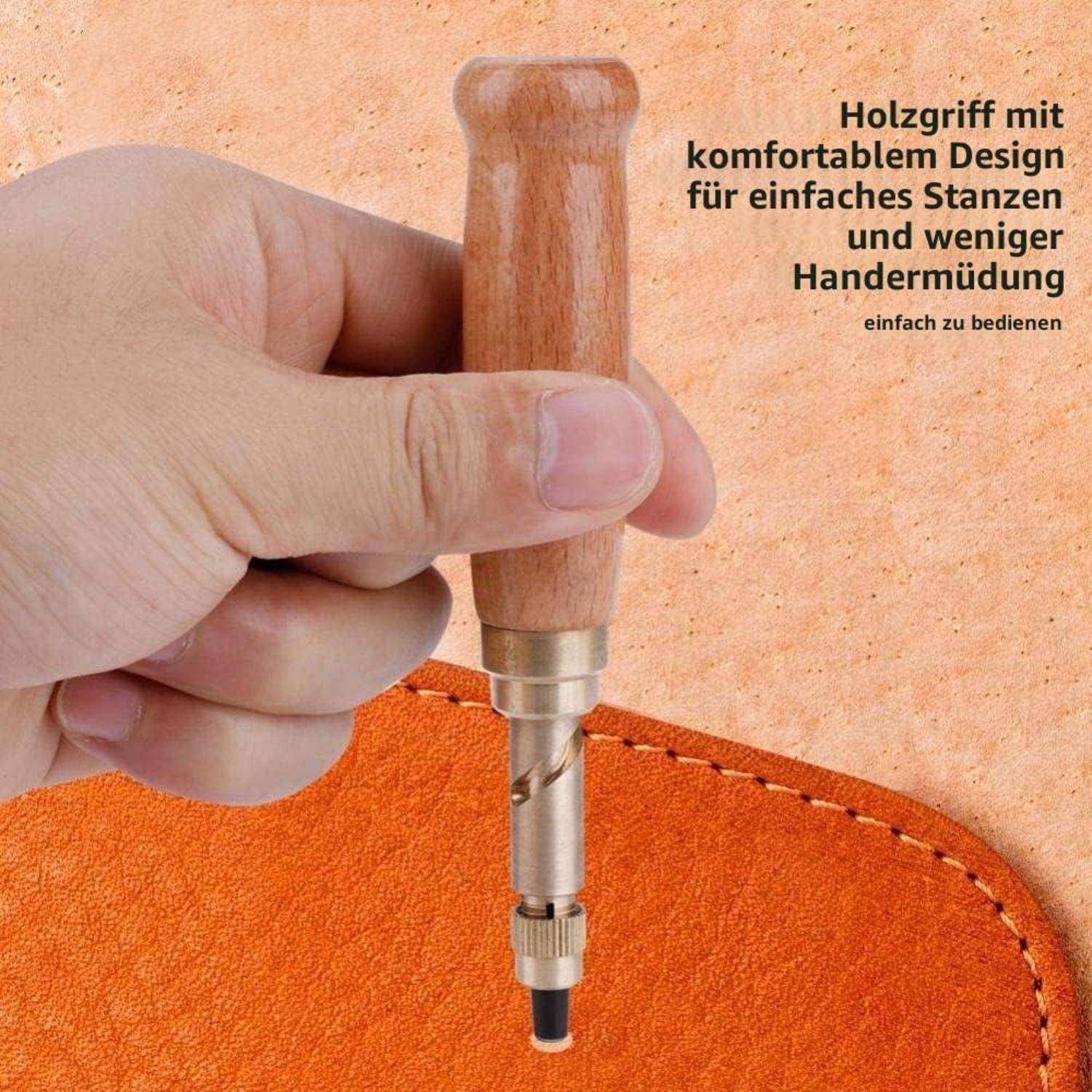 Hand, das ein Lederstanzwerkzeug mit Holzgriff über orangefarbenem Leder hält; Text besagt ergonomisches Design für einfacheres Stanzen und weniger Handermüdung, einfach zu bedienen.