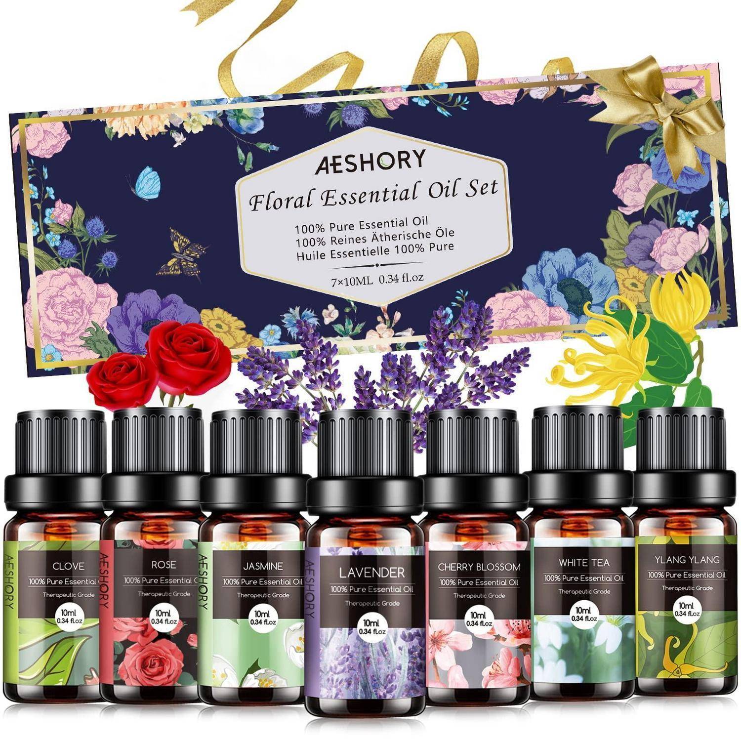AESHORY Blüten-Ätherischöl-Set Geschenkbox mit sieben 10-ml-Flaschen: Nelke, Rose, Jasmin, Lavendel, Kirschblüte, weißer Tee und Ylang Ylang.