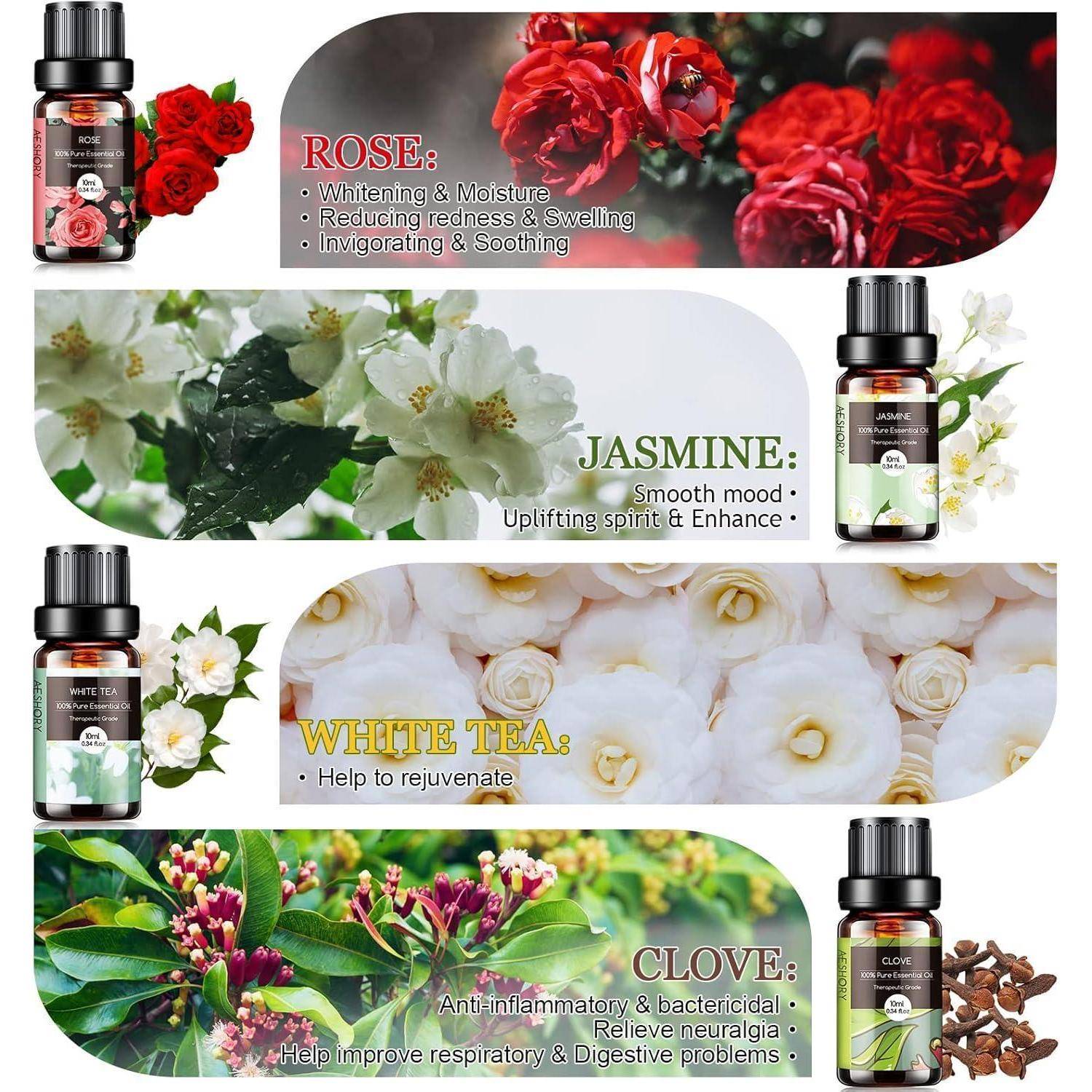 Vier Produktpanels zeigen ätherische Ölmischungen: Rose für Aufhellung und Feuchtigkeitszufuhr, Jasmin zur Stimmungsaufhellung, Weißer Tee zur Verjüngung und Nelke zur entzündungshemmenden Wirkung und Atemwegslinderung.
