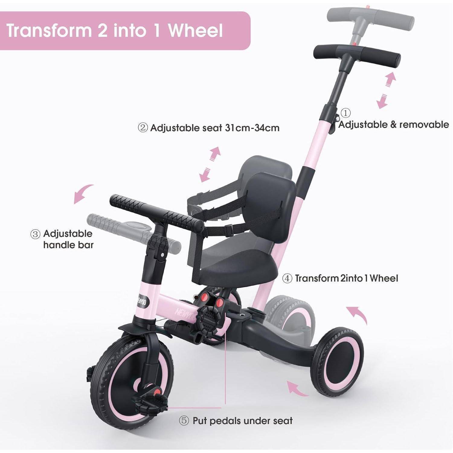 Produktbild eines rosa-schwarzen Dreirads für Kinder, das sich in ein 2-in-1-Rad umwandeln lässt, mit verstellbarem/abnehmbarem Schiebegriff, Sitz und Lenkstangen.