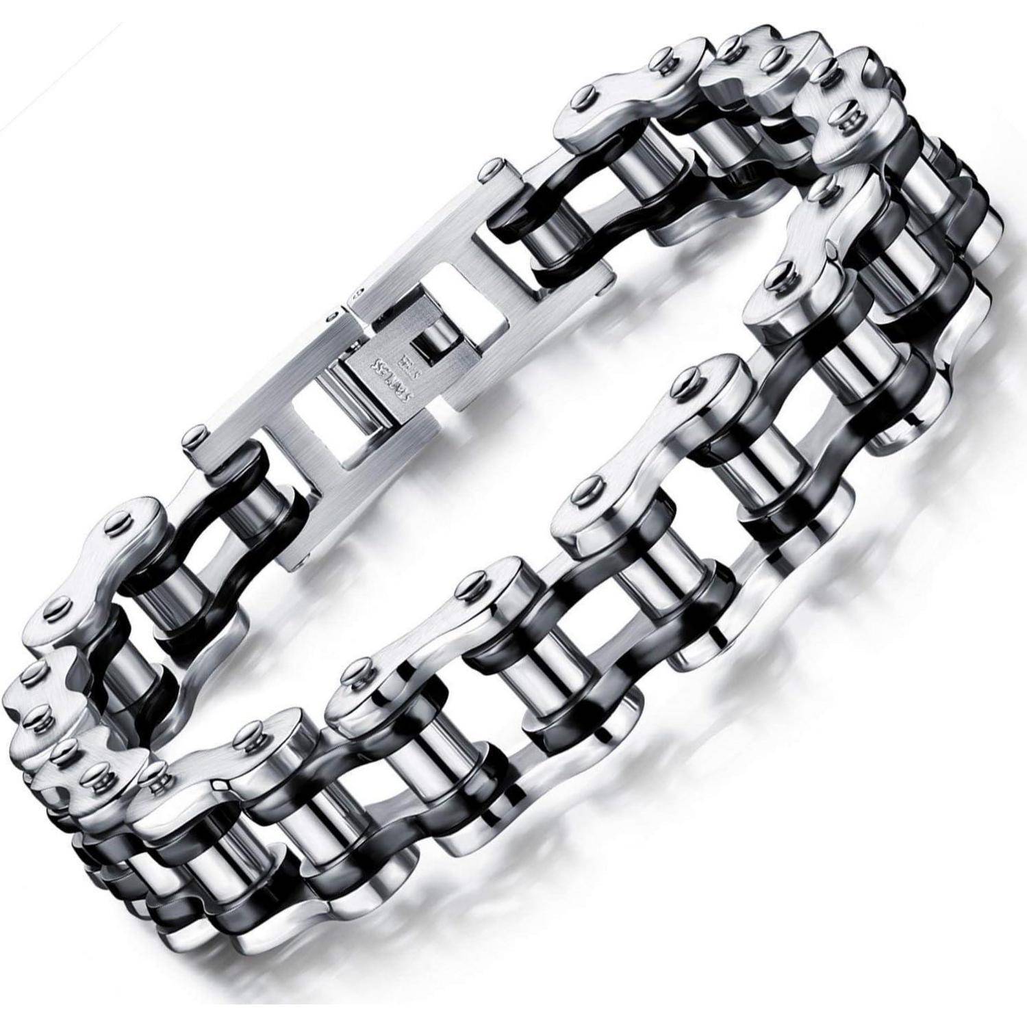 Silbernes Edelstahlgliederkette-Armband mit Verschluss, auf weißem Hintergrund abgebildet.