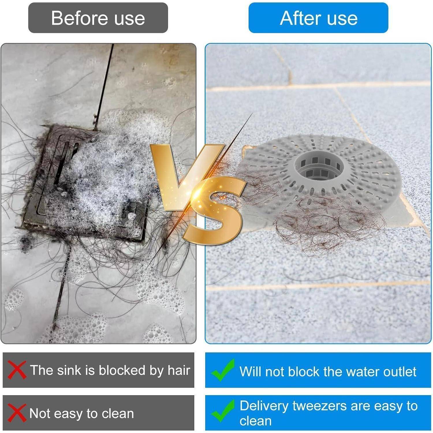 Vergleich vorher und nachher eines mit Haaren verstopften Ablaufgitters vor der Verwendung gegenüber einem sauberen, ungehinderten Ablauf nach der Verwendung, mit einem "VS"" dazwischen.