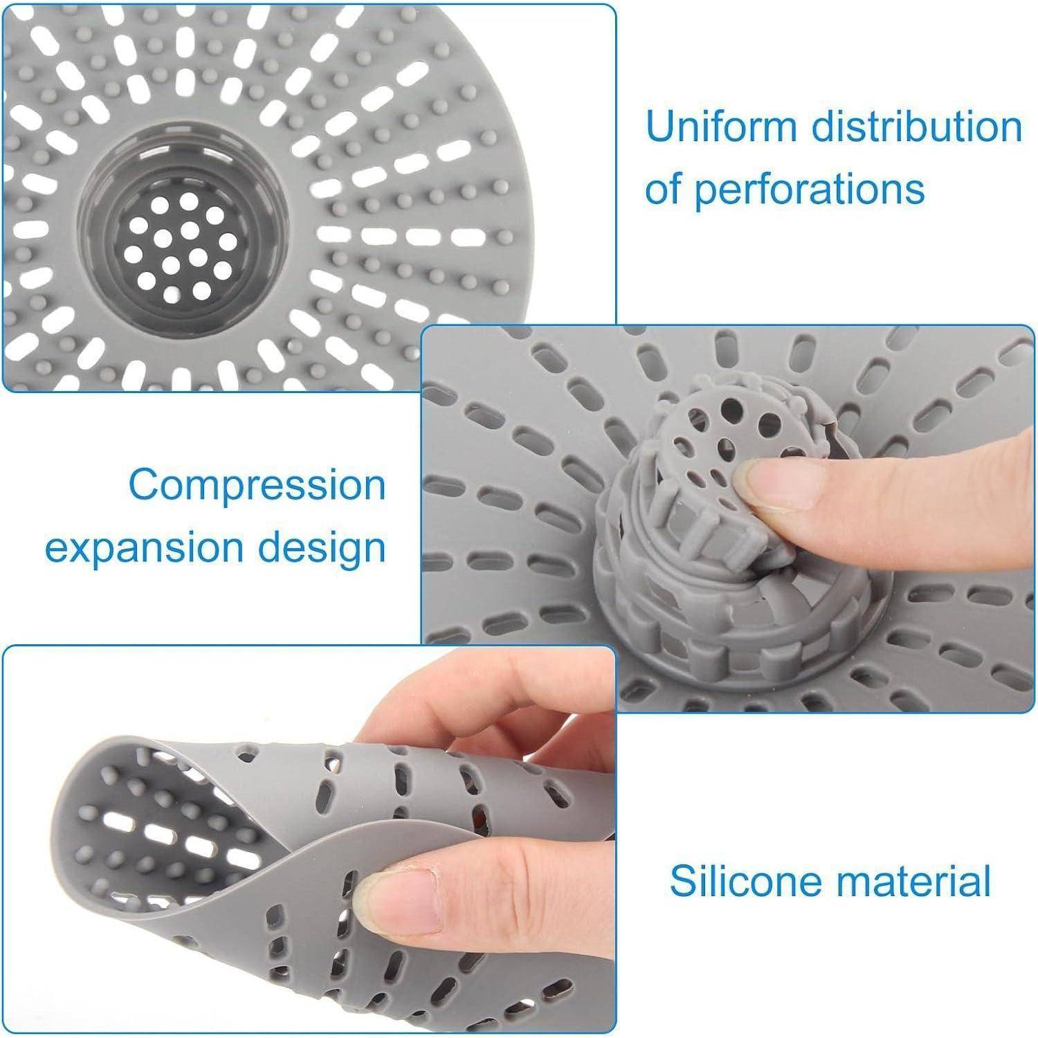 Infografik, die ein graues, zusammenklappbares Silikonsieb mit gleichmäßigen Perforationen und Kompression-Expansions-Design zeigt, wobei das flexible Material hervorgehoben wird.