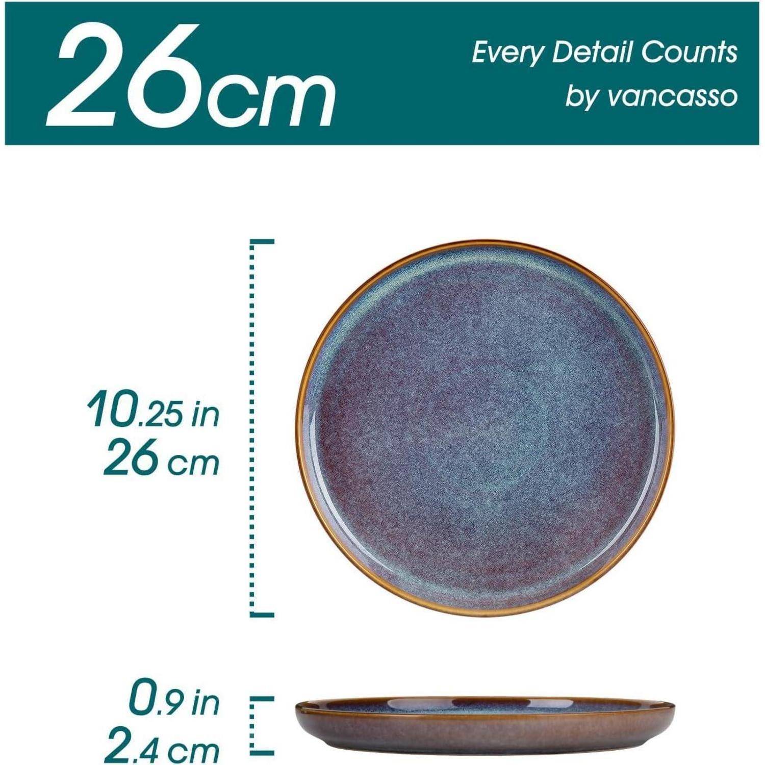 Produktbild eines 26 cm runden Tellers, gezeigt von oben und von der Seite mit Abmessungen von 10,25 Zoll (26 cm) Breite und 0,9 Zoll (2,4 cm) Höhe.