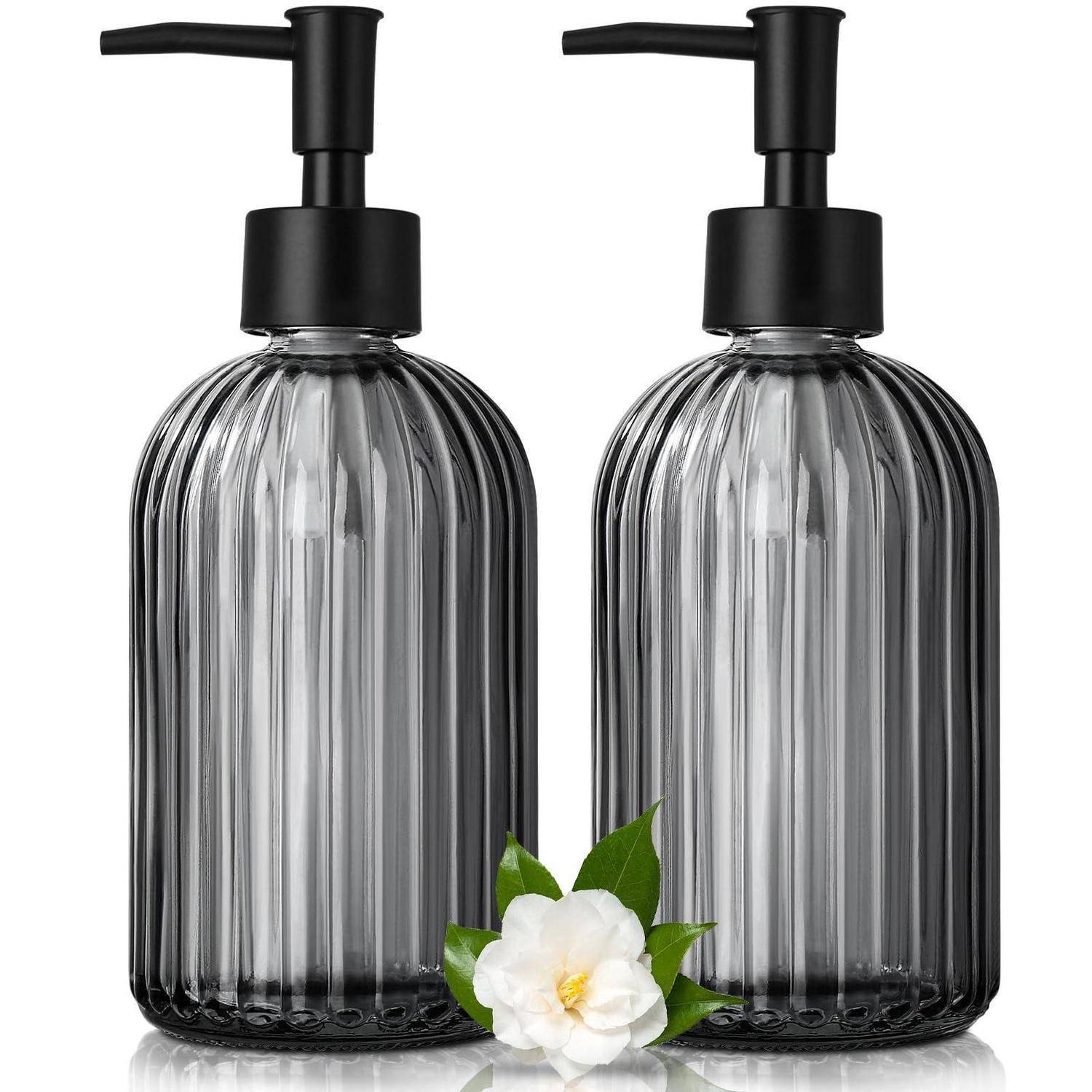 GMISUN Seifenspender, 425ml Schwarz Seifenspender Glas, 2 Stück Soap Dispenser Mit Pumpe, Modern Gestreifter Spülmittelspender Für Bad Und Küche,