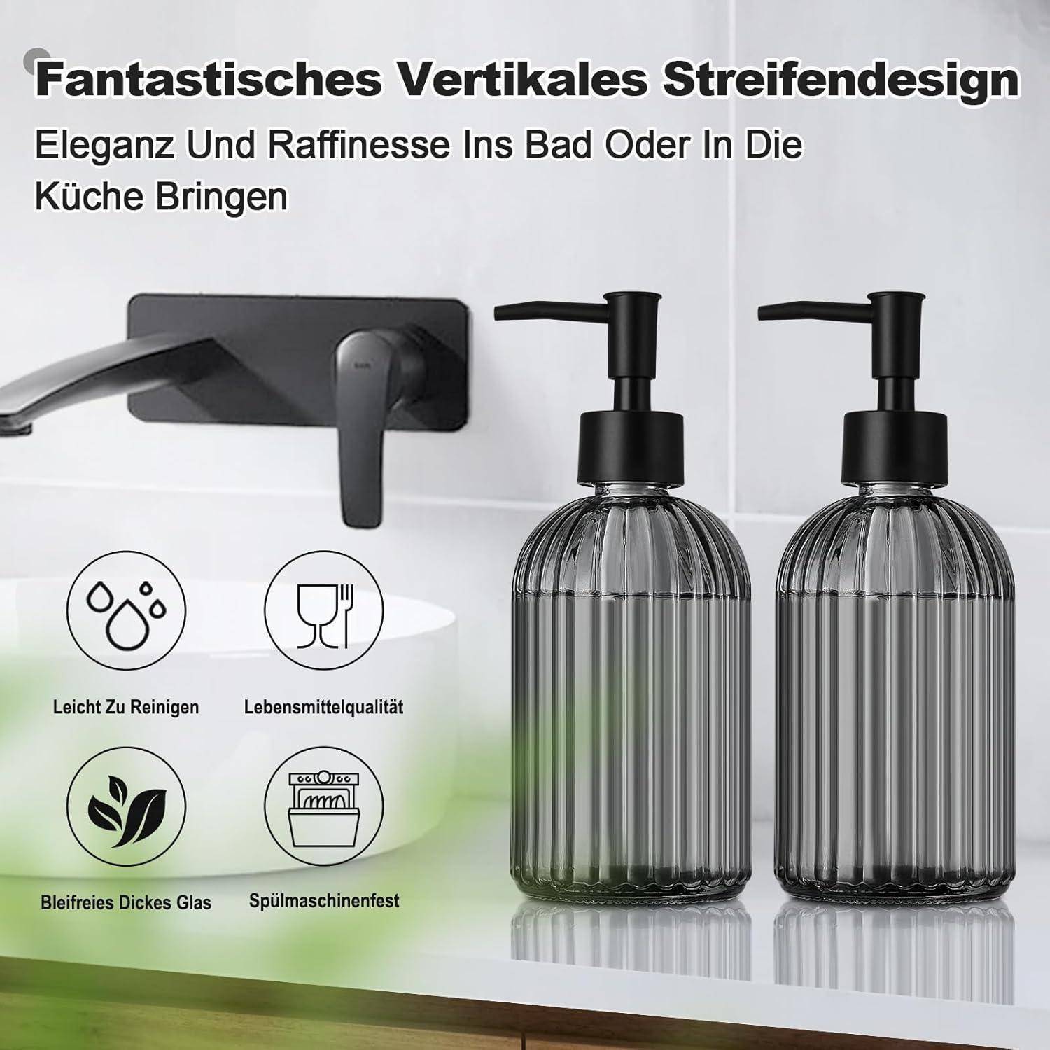GMISUN Seifenspender, 425ml Schwarz Seifenspender Glas, 2 Stück Soap Dispenser Mit Pumpe, Modern Gestreifter Spülmittelspender Für Bad Und Küche,