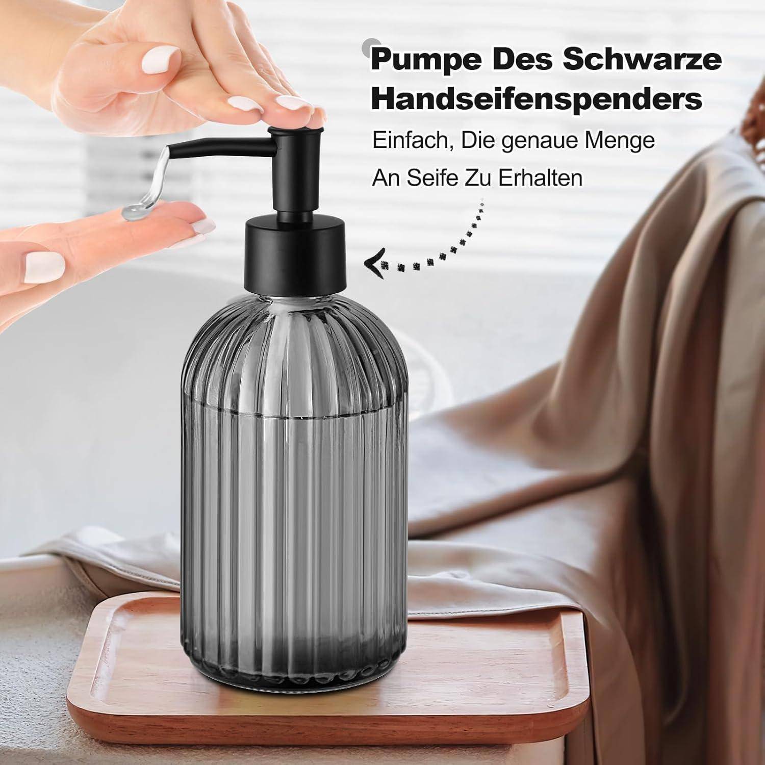 GMISUN Seifenspender, 425ml Schwarz Seifenspender Glas, 2 Stück Soap Dispenser Mit Pumpe, Modern Gestreifter Spülmittelspender Für Bad Und Küche,