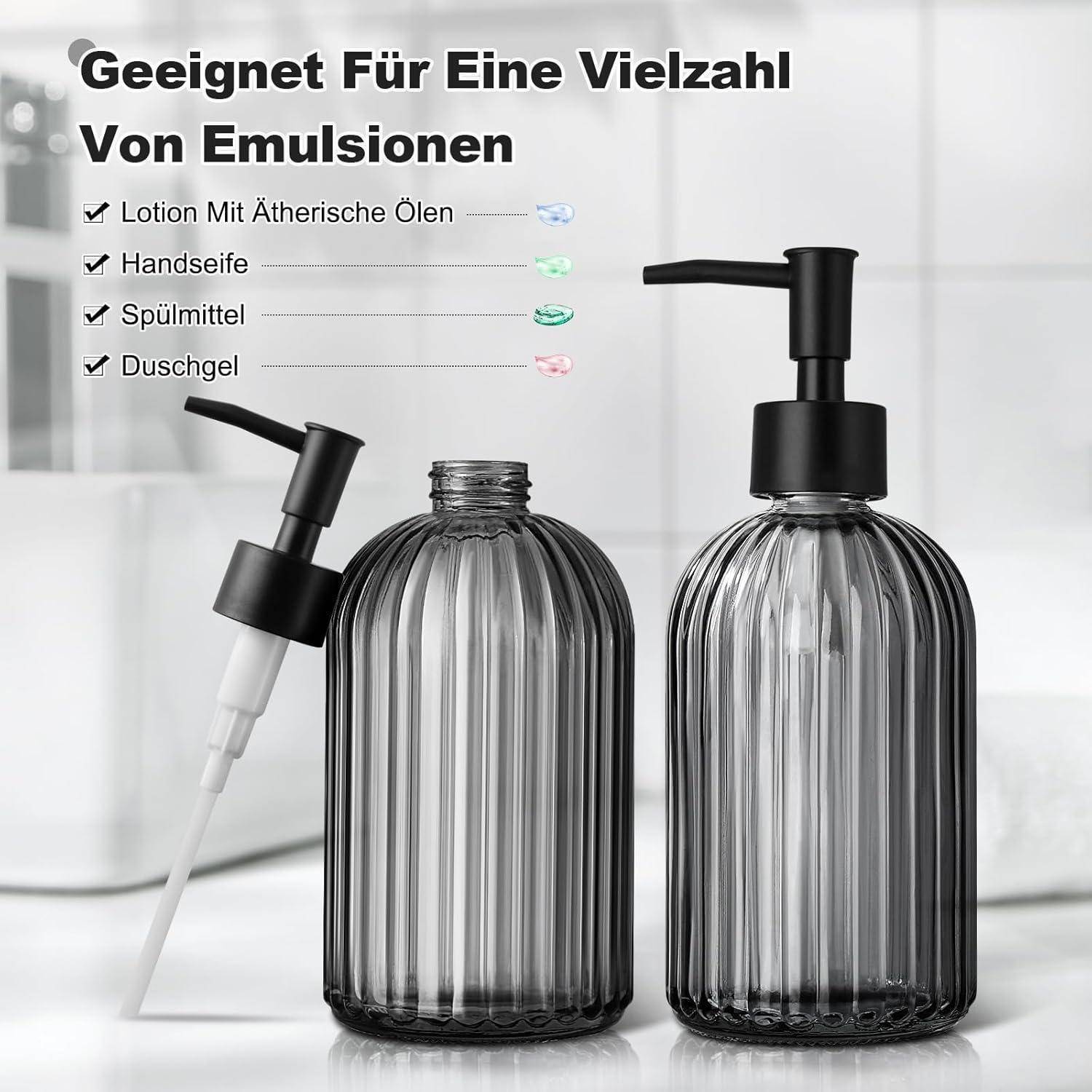 GMISUN Seifenspender, 425ml Schwarz Seifenspender Glas, 2 Stück Soap Dispenser Mit Pumpe, Modern Gestreifter Spülmittelspender Für Bad Und Küche,