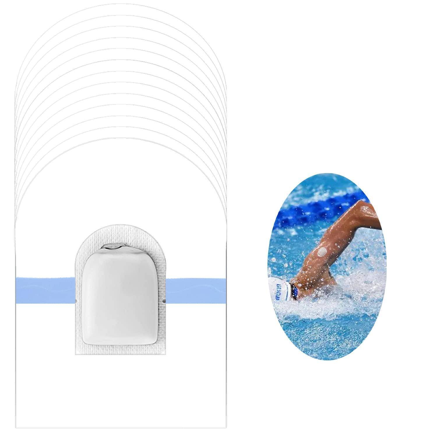 Illustration eines wasserdichten Heftpflasters, dargestellt mit gebogenen Passlinien und einem Arm eines Schwimmers im Wasser, was den Schutz beim Schwimmen suggeriert.