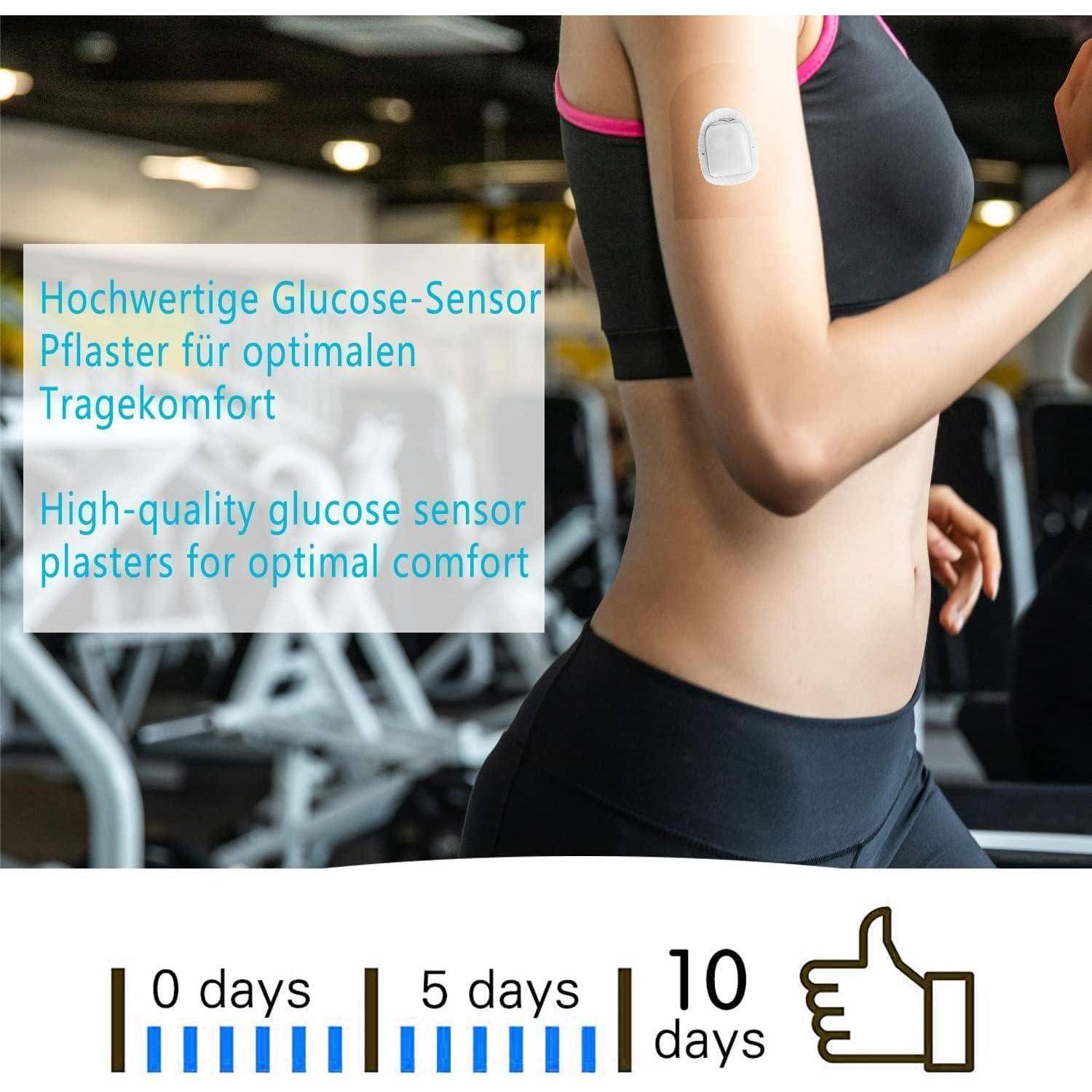 Frau in Sportkleidung mit einem Glukose-Sensor-Pflaster auf dem Oberarm; der Text besagt „Hochwertige Glukose-Sensor-Pflaster für optimalen Komfort" und zeigt eine 10-Tage-Tragezeit.
