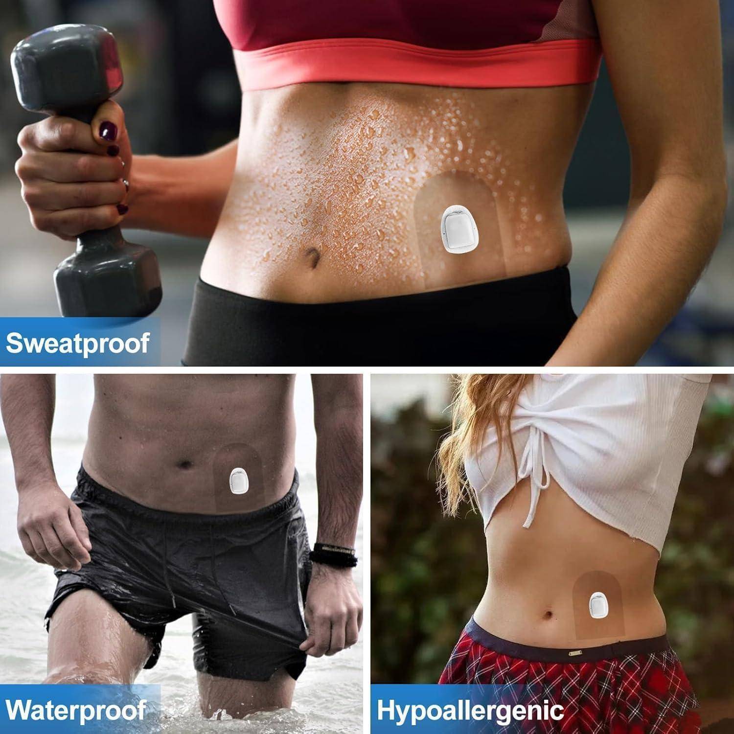 Collage, das einen tragbaren Hautpflaster auf dem Bauch eines Athleten zeigt, gekennzeichnet als schweißdicht, wasserdicht und hypoallergen.