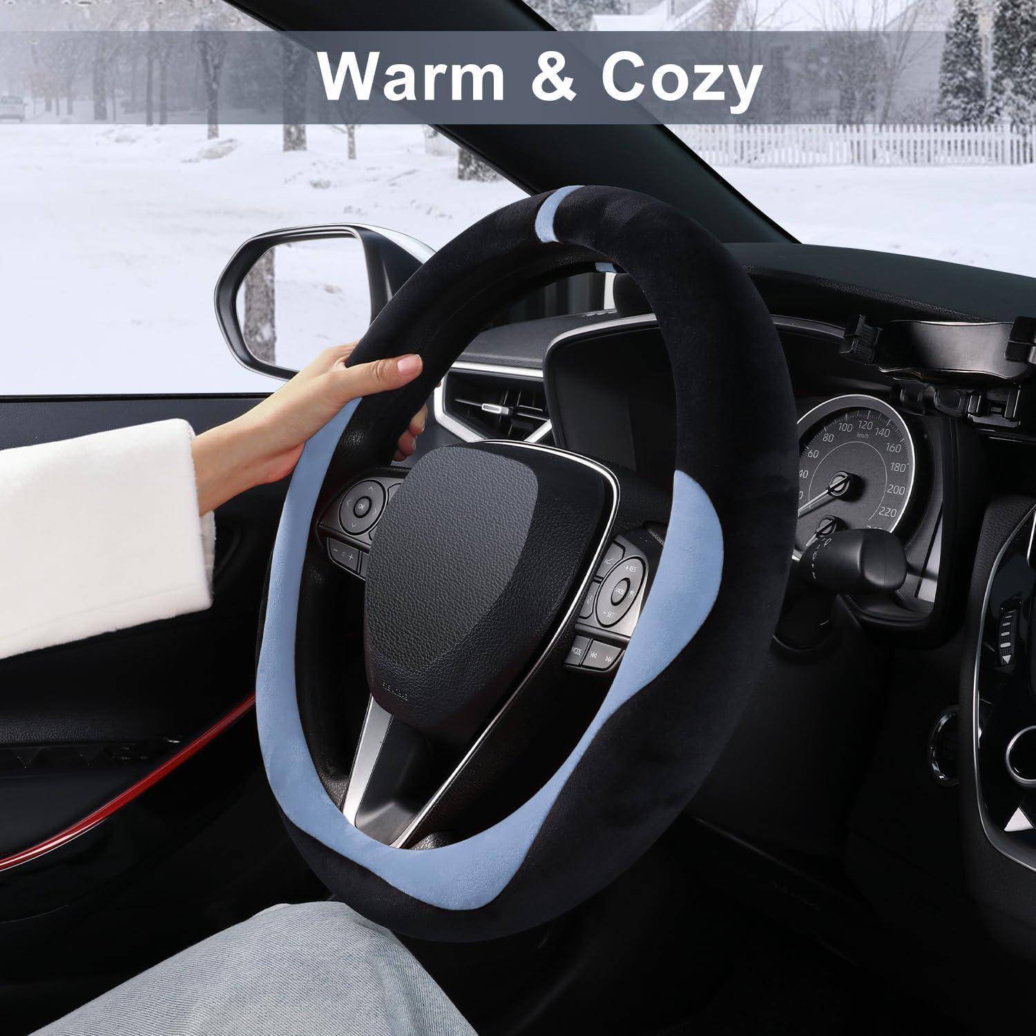 COFIT Plüsch Lenkradbezug Winter, Universal Lenkrad Bezug Fell, Lenkradhülle Wwarm Weich, Lenkradschutz Auto für 37-38 cm, Autozubehör Schwarz und