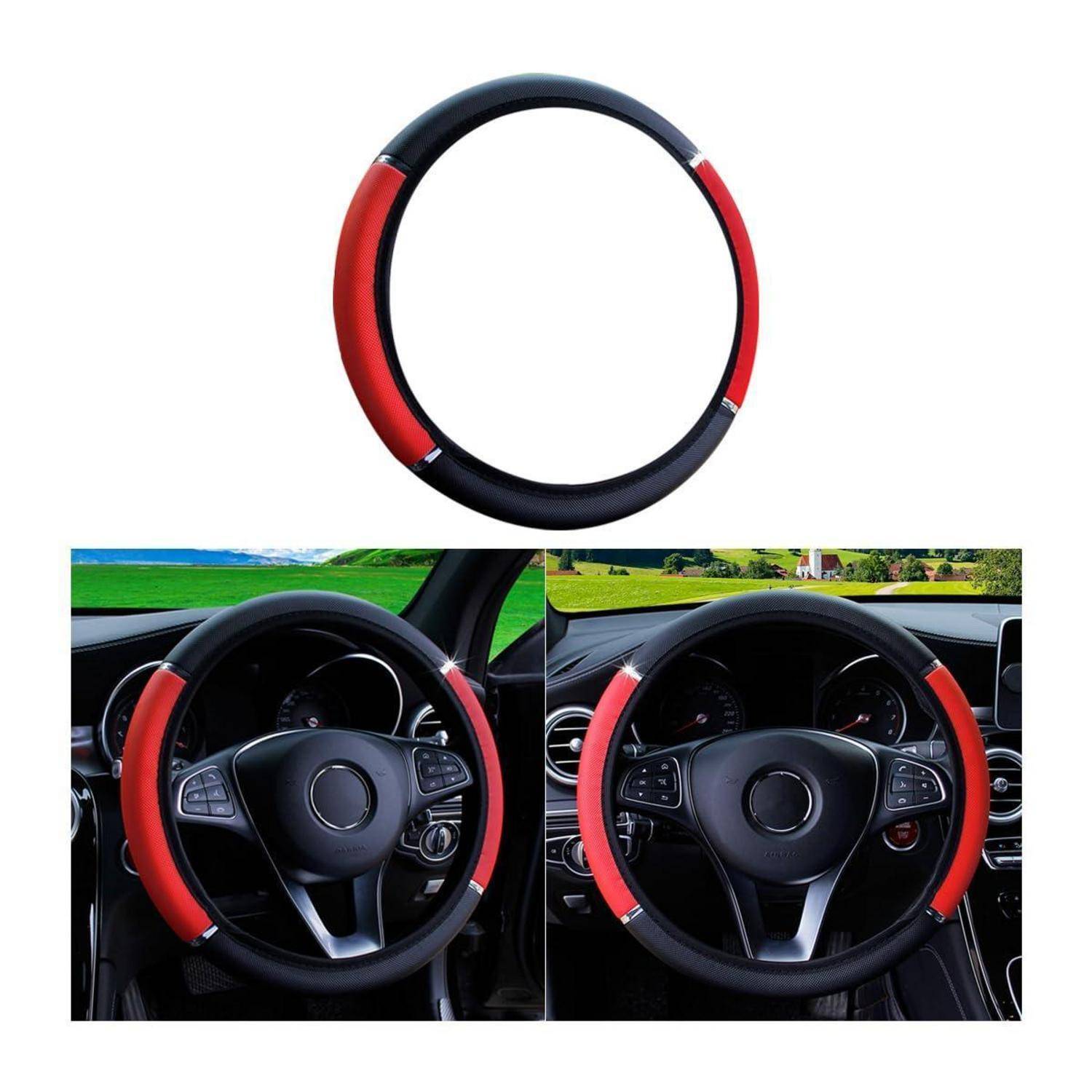 Rot-schwarze Lenkradabdeckung, isoliert dargestellt und auf einem Autolenkrad installiert.