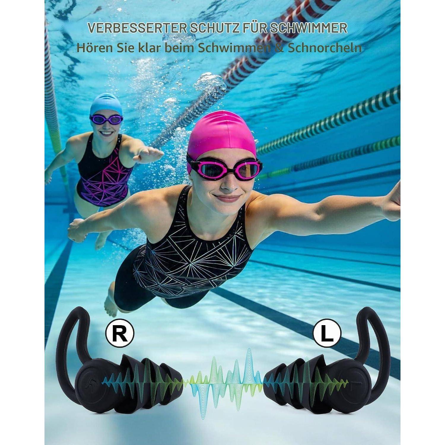 Unterwasserpromobild von zwei Schwimmern, die Ohrstöpsel tragen, mit deutschem Text „VERBESSERTER SCHUTZ FÜR SCHWIMMER