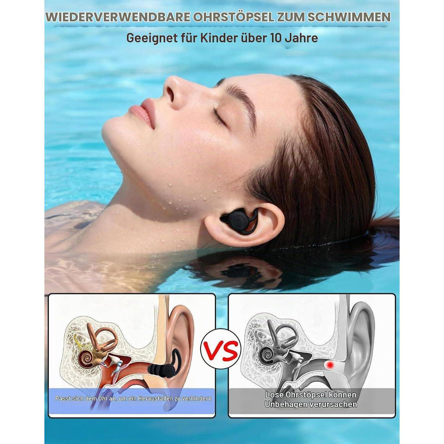 Werbebild einer Frau, die im Wasser schwebt und wiederverwendbare Schwimm-Ohrstöpsel trägt, mit Text „Wiederverwendbare Ohrstöpsel zum Schwimmen
