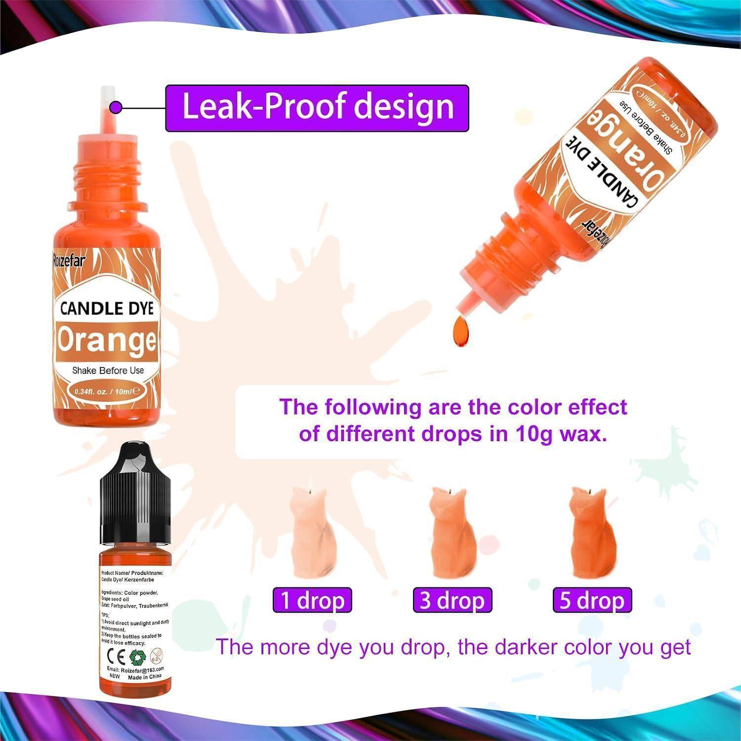 Infografik für oranges Kerzenfarben mit auslaufsicherem Design und Farbergebnissen: 1, 3 und 5 Tropfen in 10g Wachs ergeben progressiv dunklere orangefarbene Kerzen.