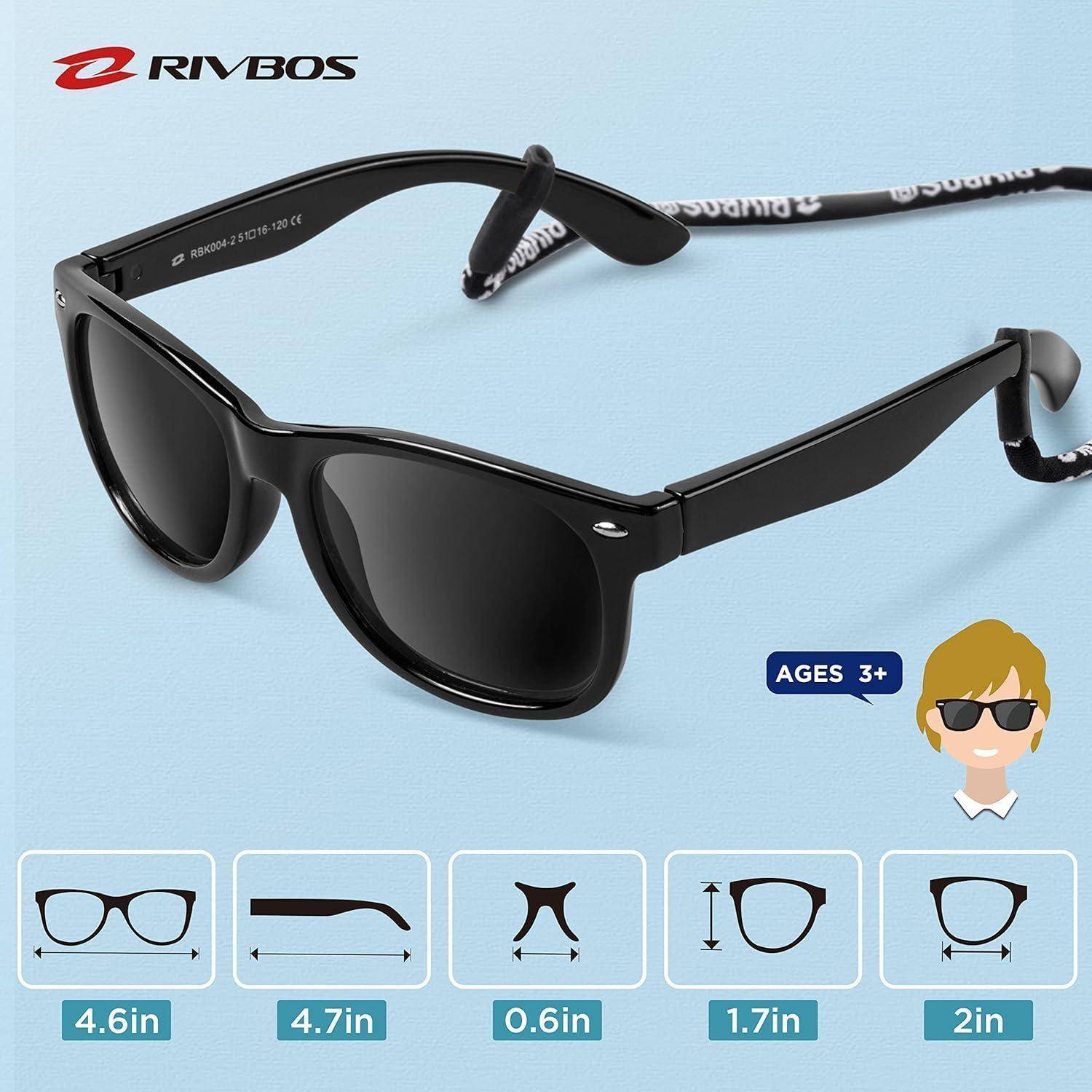 RIVBOS Kinder polarisierte Sonnenbrille mit Riemen Brillengläser Schattierungen für Jungen Mädchen und Kinder RBK004 004-2 Schwarz