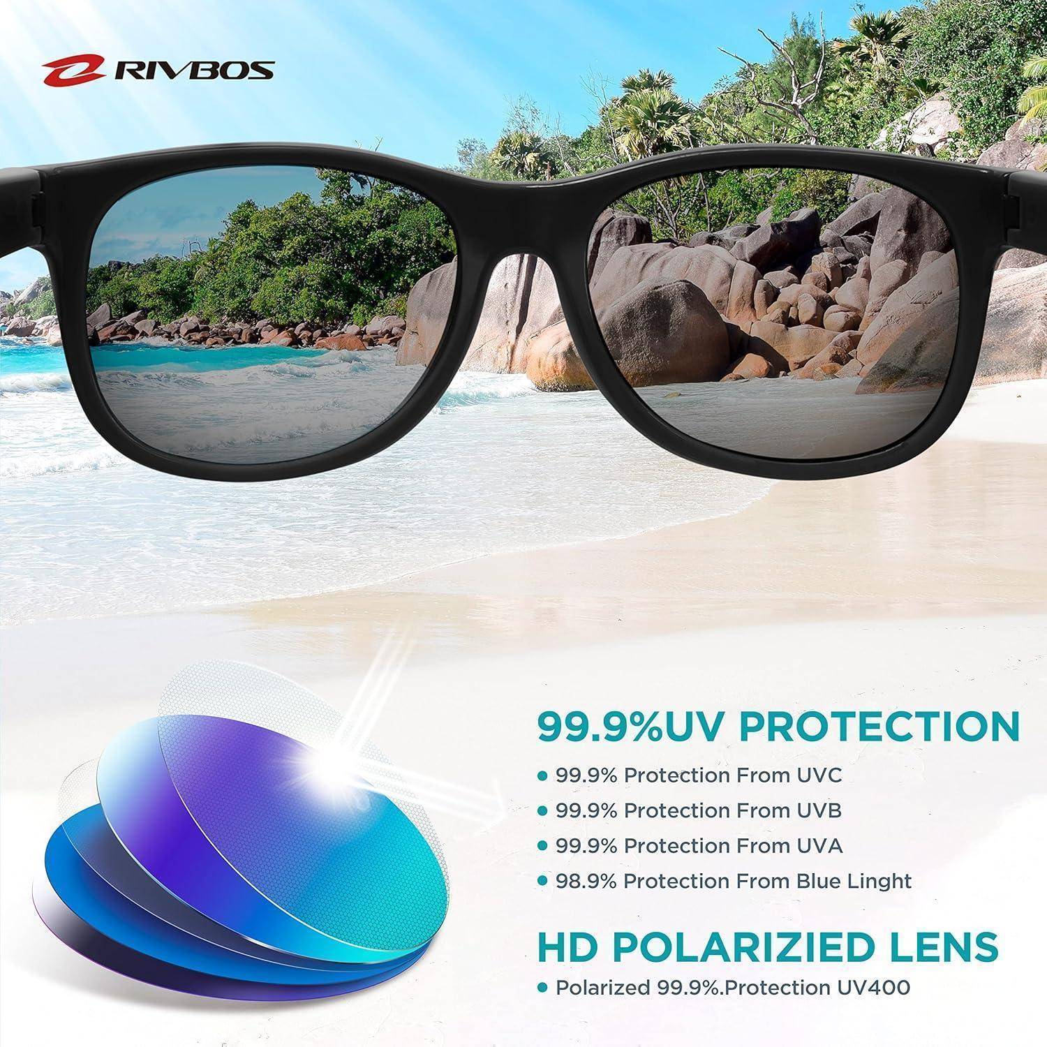 RIVBOS Kinder polarisierte Sonnenbrille mit Riemen Brillengläser Schattierungen für Jungen Mädchen und Kinder RBK004 004-2 Schwarz