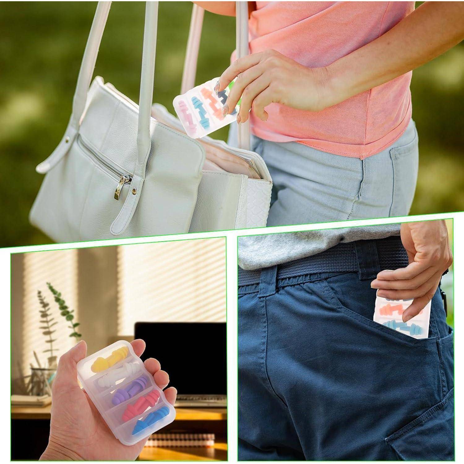 Collage, die eine Person zeigt, die einen kleinen Kunststoffbehälter mit bunten Pillen trägt, ihn dann in eine Handtasche und eine Hosentasche legt.