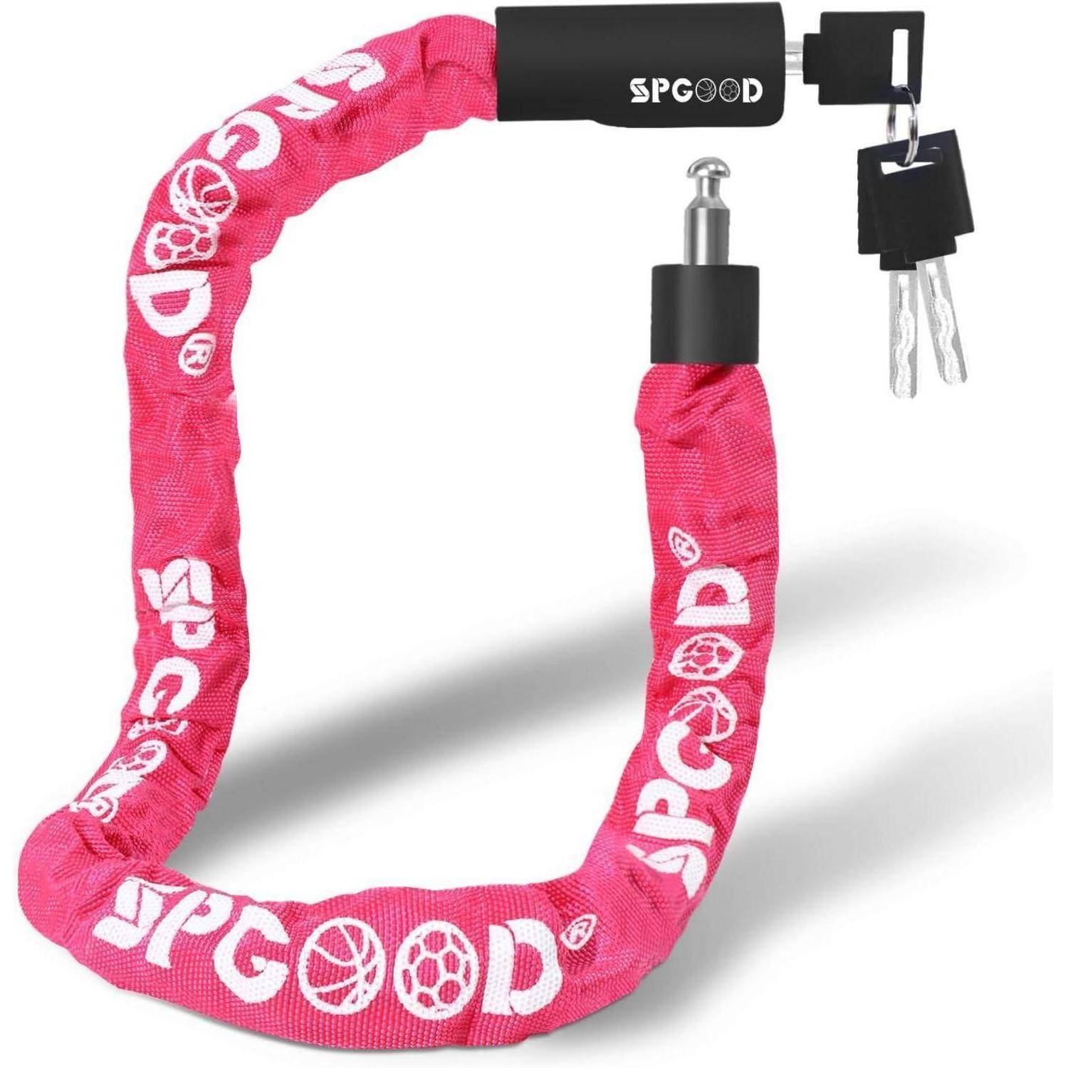 Pink SPGOOD Kettenschloss mit Schlüsseln, gezeigt um einen schwarzen Verschlussmechanismus gewickelt auf weißem Hintergrund.