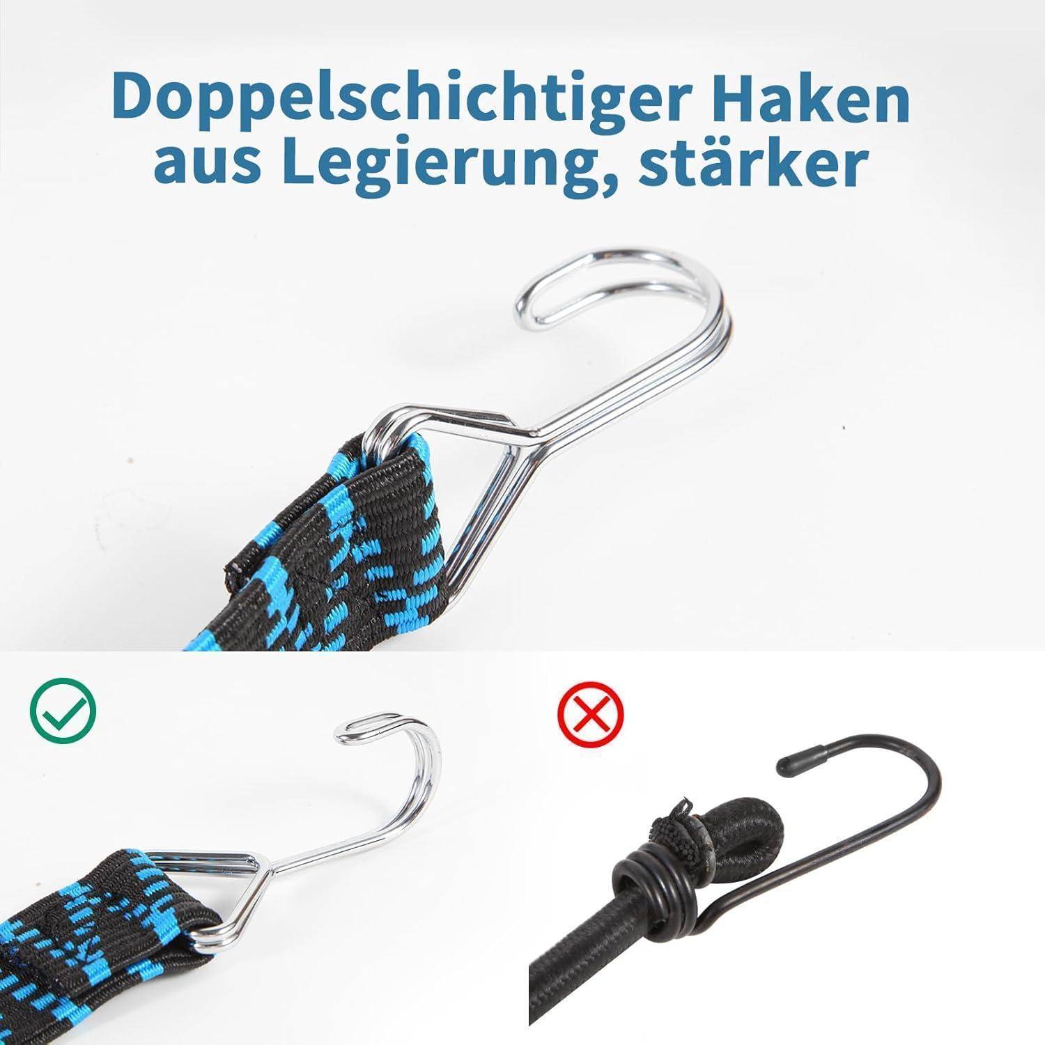 Vergleich von Haken auf Riemen: oben wird ein starker doppellagiger Legierungshaken gezeigt, mit einem grünen Haken für den korrekten Metallhaken und einem roten X für den schwächeren schwarzen Haken.