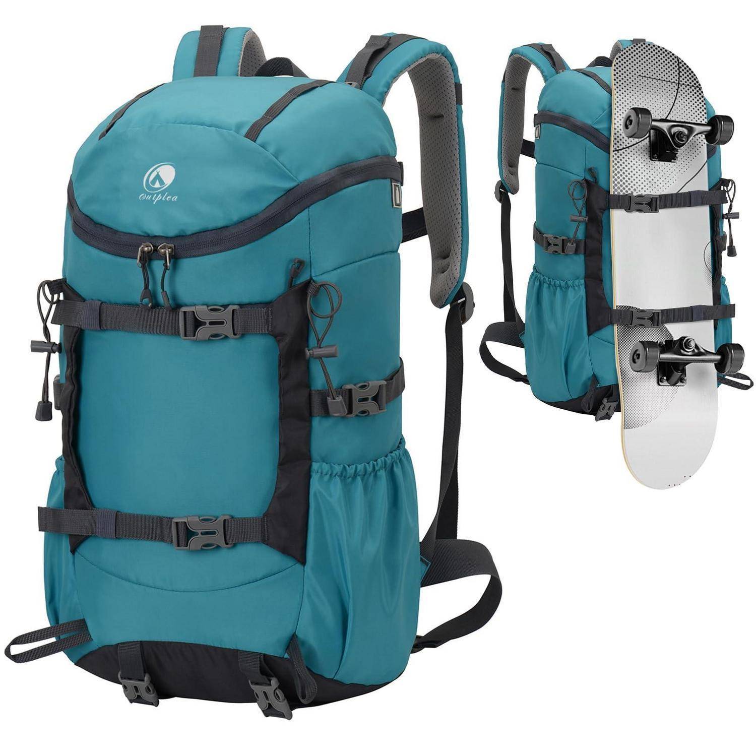 Türkisfarbener Rucksack mit Riemen, vorderen Taschen und seitlicher Halterung, die ein Snowboard hält; von vorne und von der Seite gezeigt, um die Lagerung von Outdoor-Ausrüstung hervorzuheben.