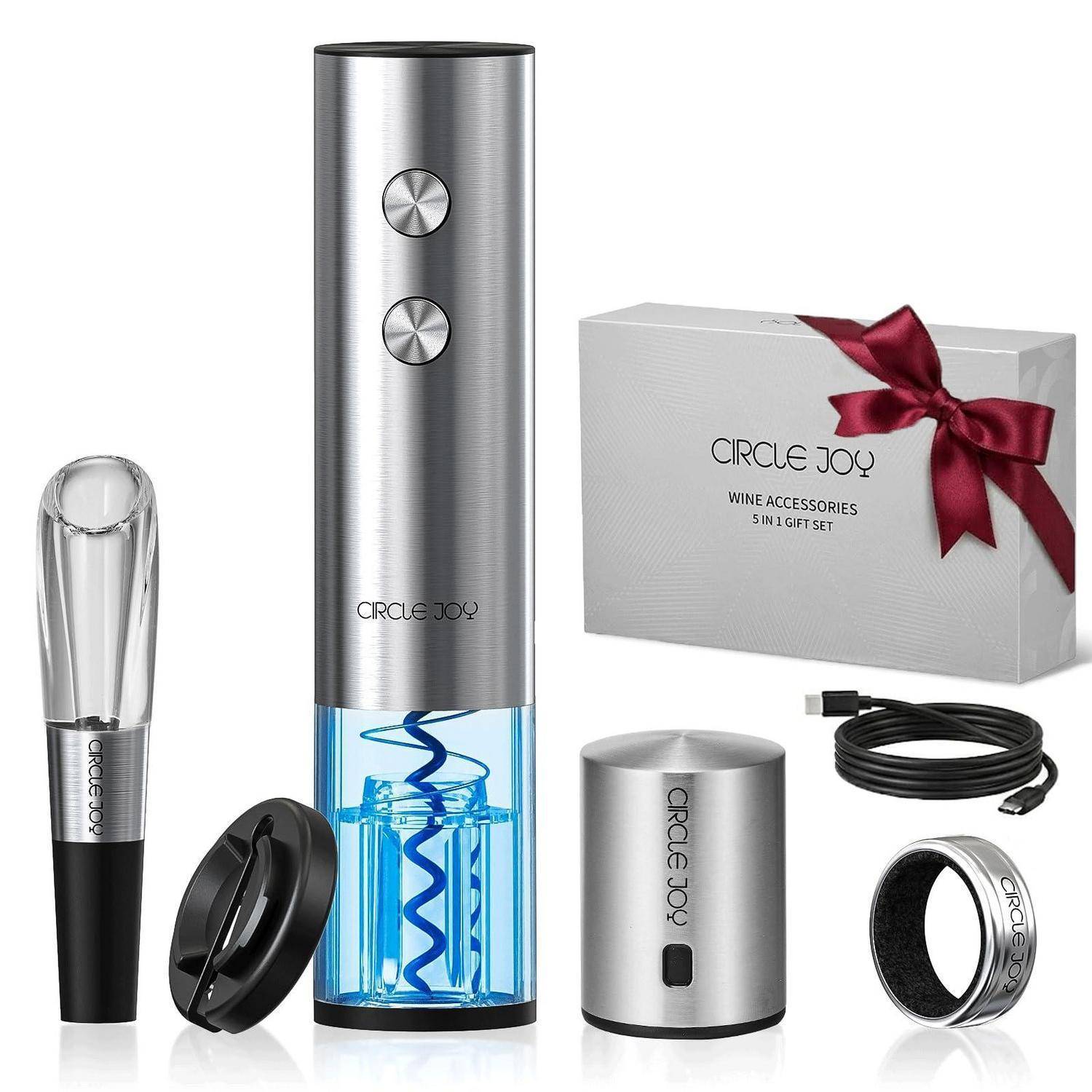 Circle Joy 5-in-1 Weinsatz mit elektrischem Korkenzieher, Folienschneider, Belüfter, Vakuumverschluss, Ladekabel und Geschenkbox.